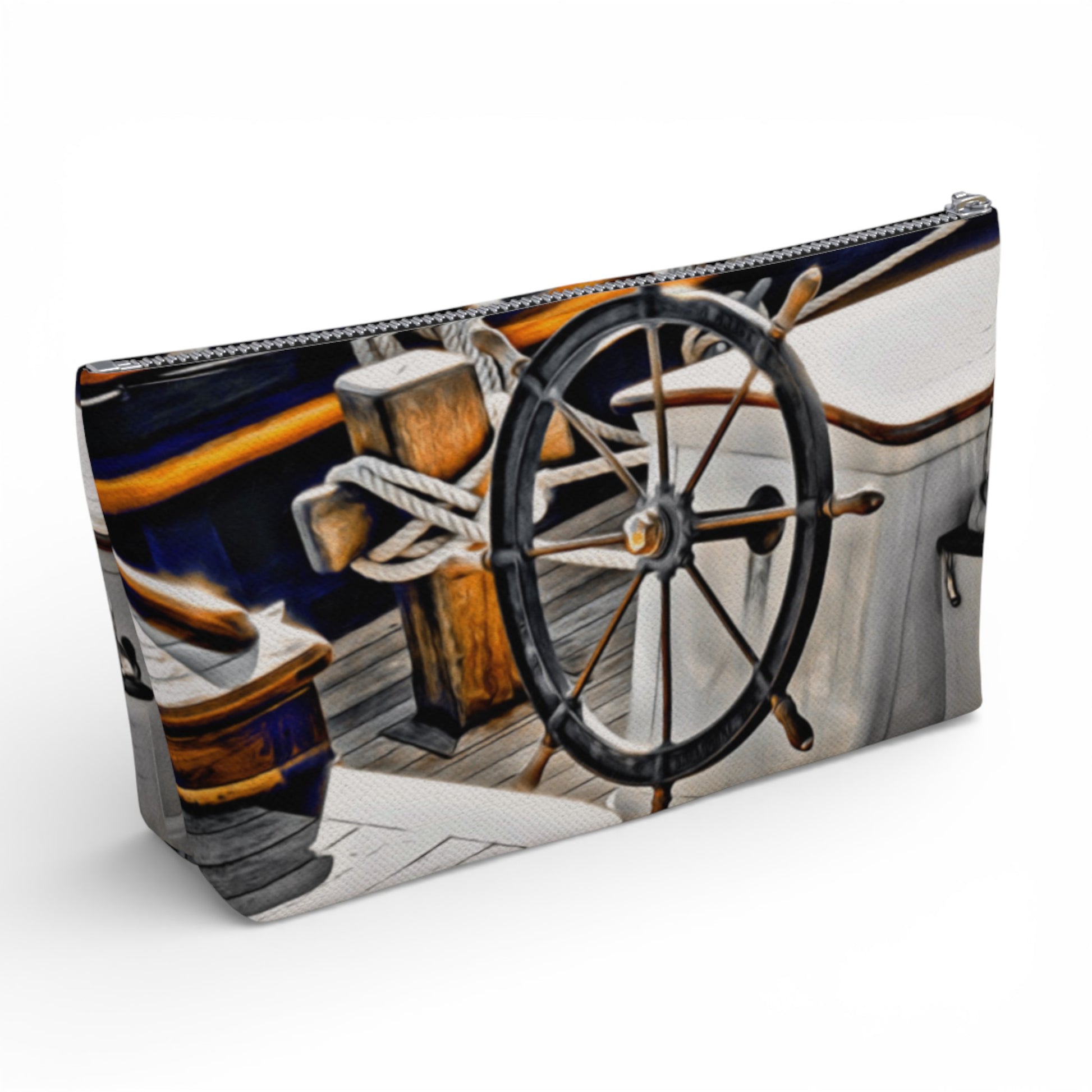 Pouch with a ship's wheel and cabin design on a white background