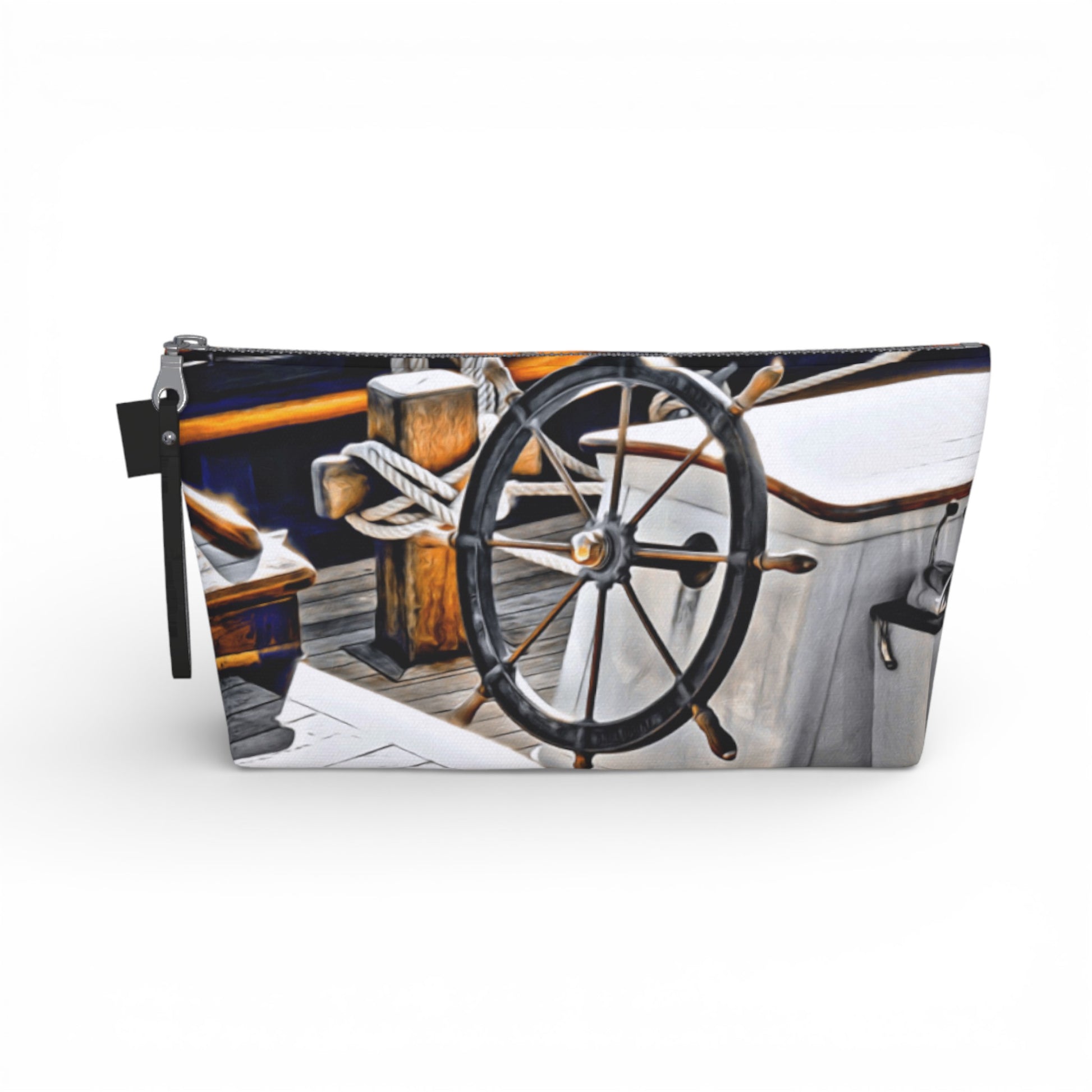 Pouch with a nautical design featuring a wheel and crossbar on a white background