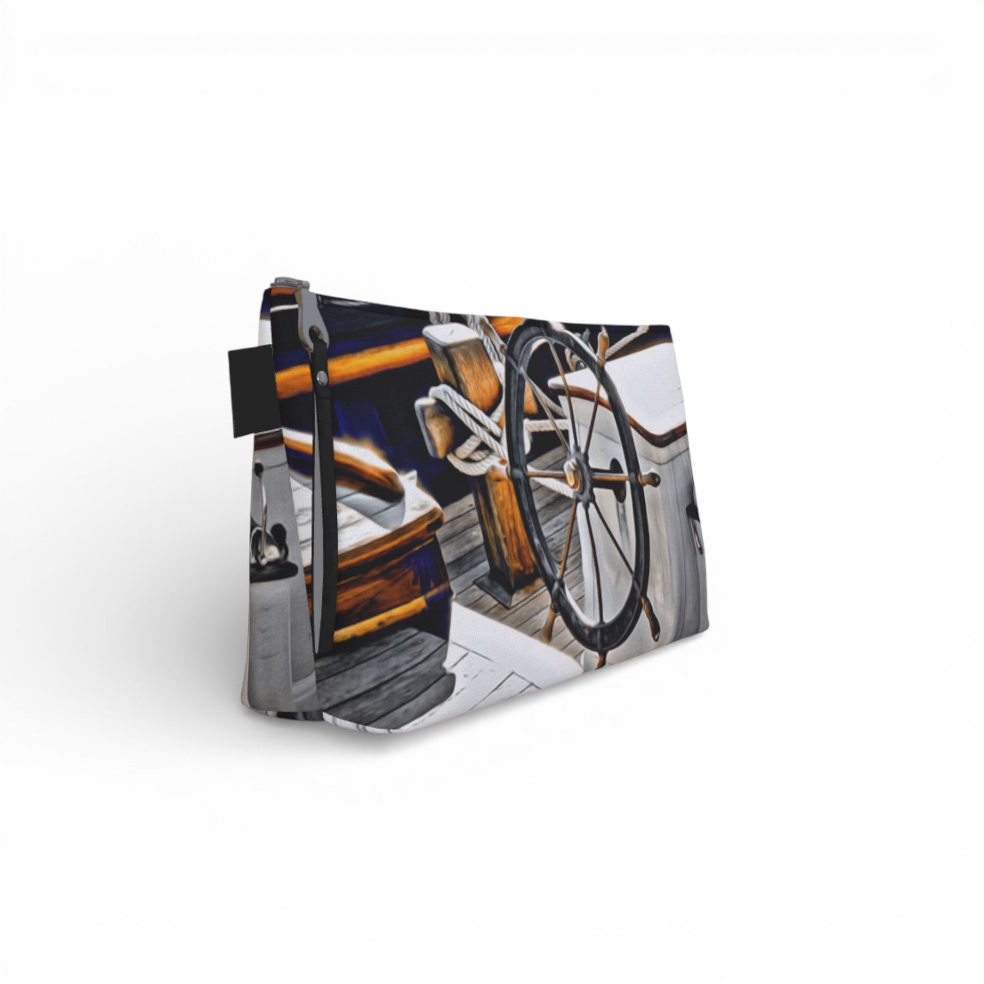 Clutch bag with a nautical design featuring a steering wheel and wooden deck.