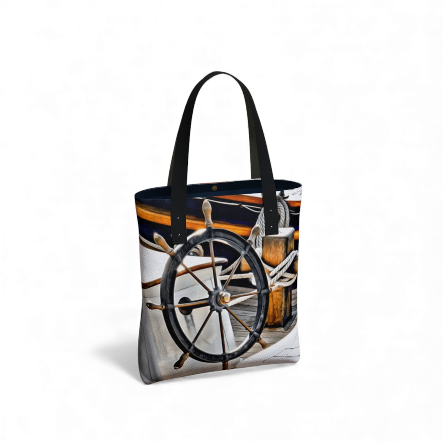 Tote bag with a ship's wheel and steering wheel design on a white background