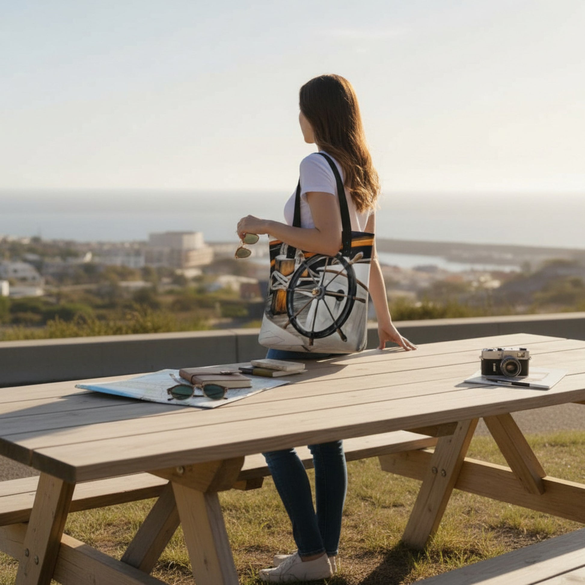 Woman sitting at a picnic table with a scenic view, holding a tote bag with a wheelchair design.