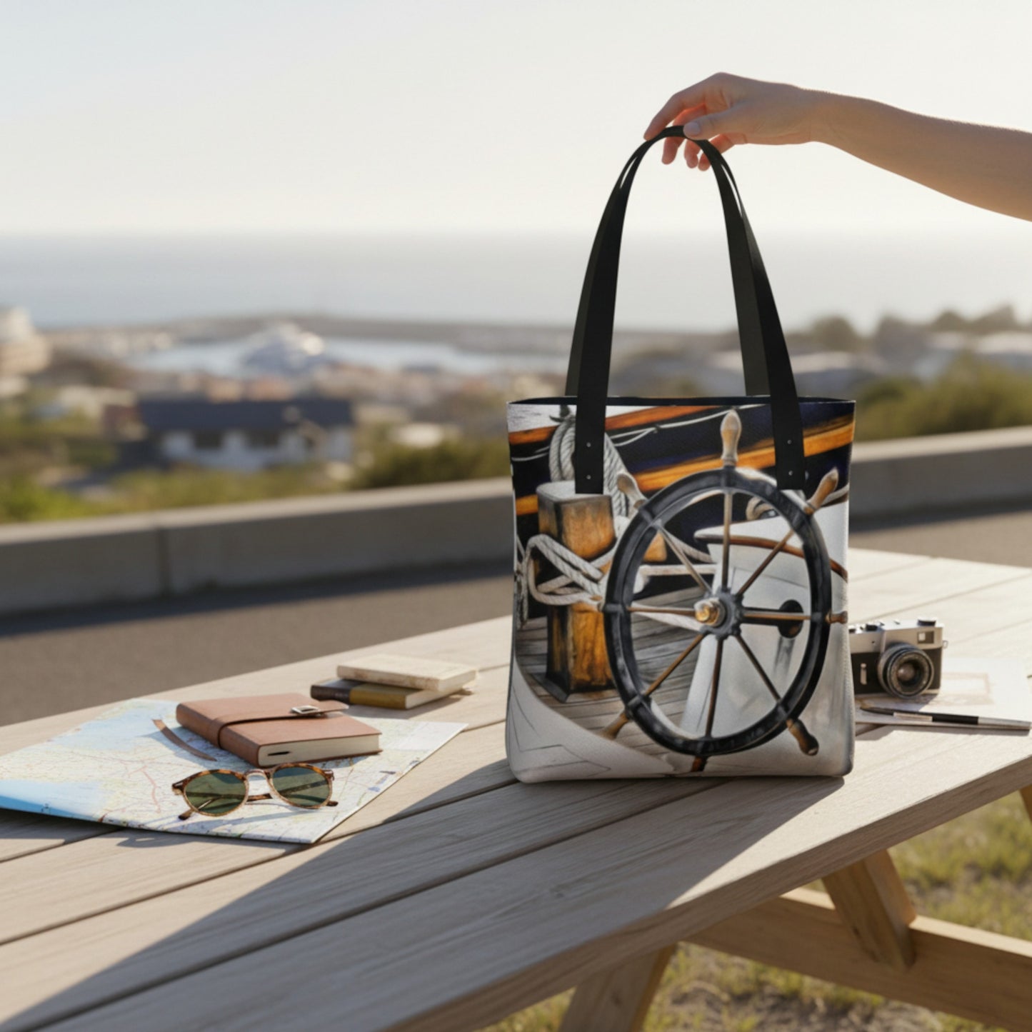 Tote bag with a ship's wheel design held over a table with a scenic background