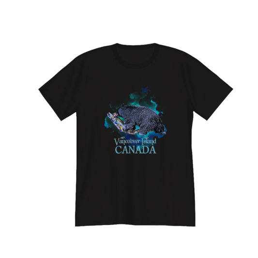Salmon Bear Vancouver Island Canada souvenir premium unisex t-shirt.  the image on the front of the shirt is of a bear with a fresh caught salmon with a abstract of blues and green colours in the background. by van isle goddess dot com