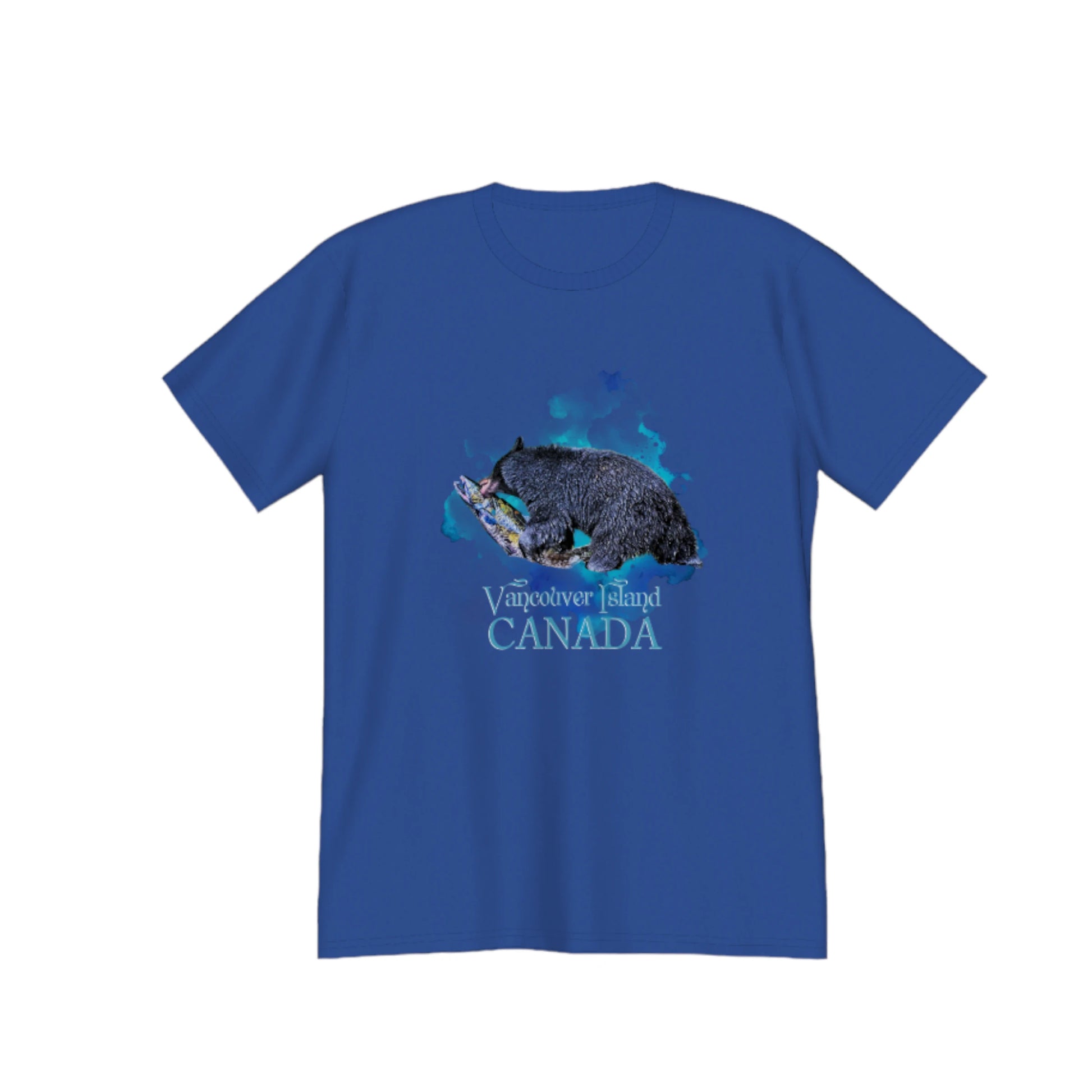 Salmon Bear Vancouver Island Canada souvenir premium unisex t-shirt.  the image on the front of the shirt is of a bear with a fresh caught salmon with a abstract of blues and green colours in the background. by van isle goddess dot com