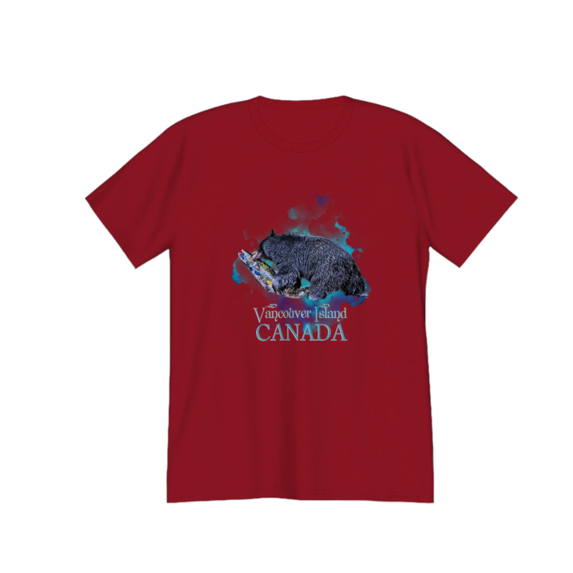Salmon Bear Vancouver Island Canada souvenir premium unisex t-shirt.  the image on the front of the shirt is of a bear with a fresh caught salmon with a abstract of blues and green colours in the background. by van isle goddess dot com