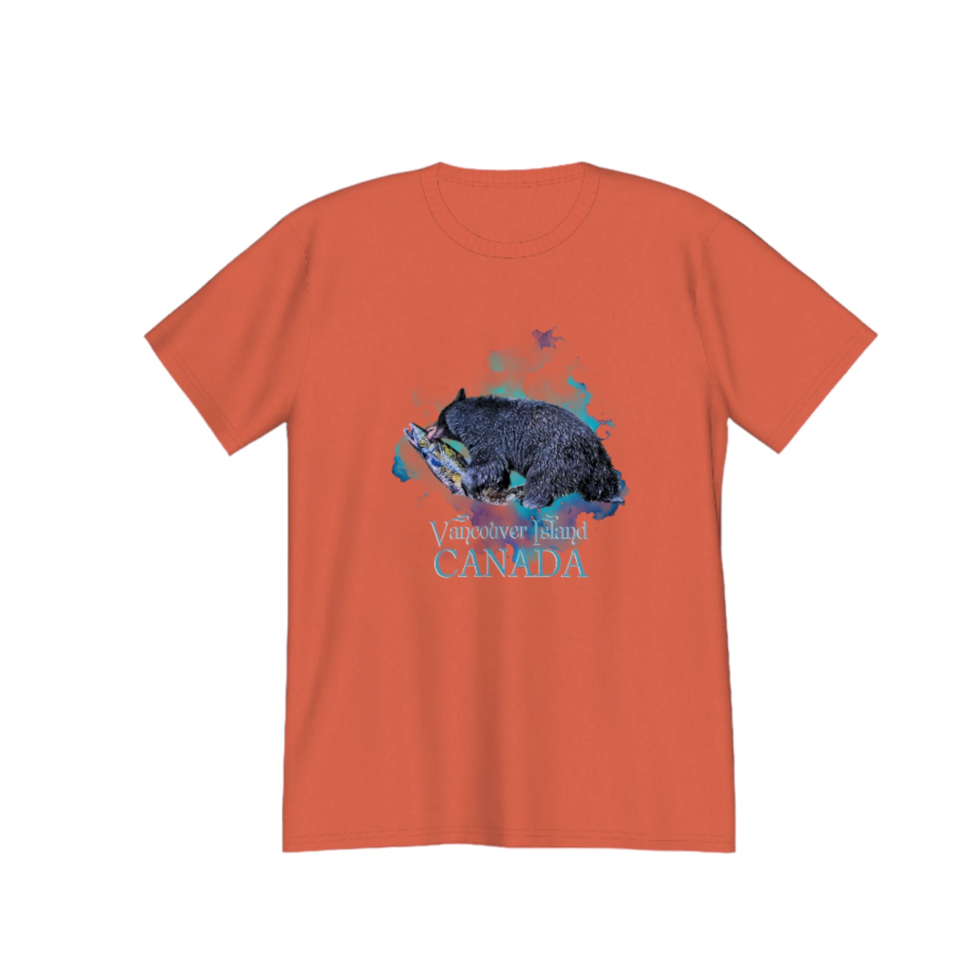 Salmon Bear Vancouver Island Canada souvenir premium unisex t-shirt.  the image on the front of the shirt is of a bear with a fresh caught salmon with a abstract of blues and green colours in the background. by van isle goddess dot com