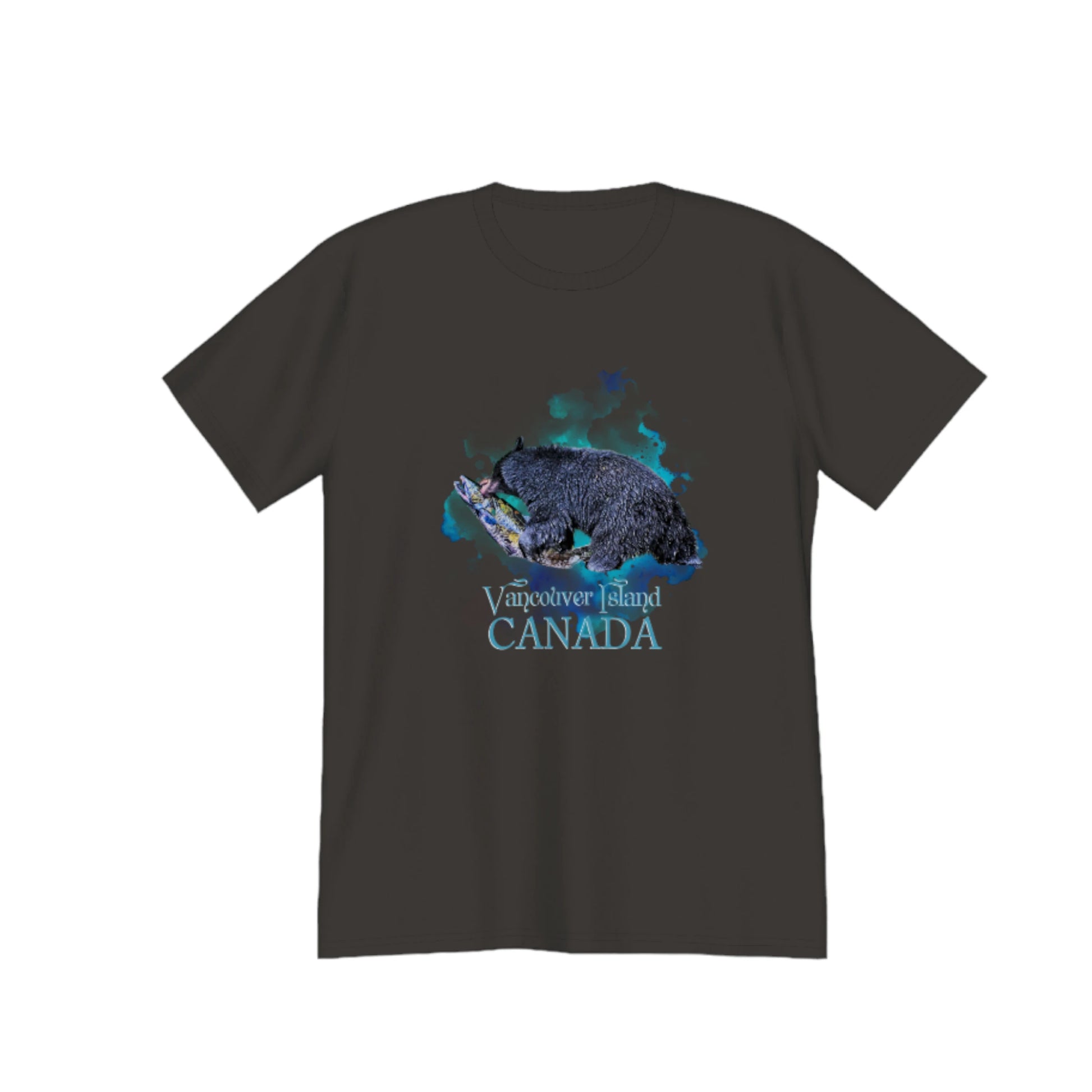 Salmon Bear Vancouver Island Canada souvenir premium unisex t-shirt.  the image on the front of the shirt is of a bear with a fresh caught salmon with a abstract of blues and green colours in the background. by van isle goddess dot com