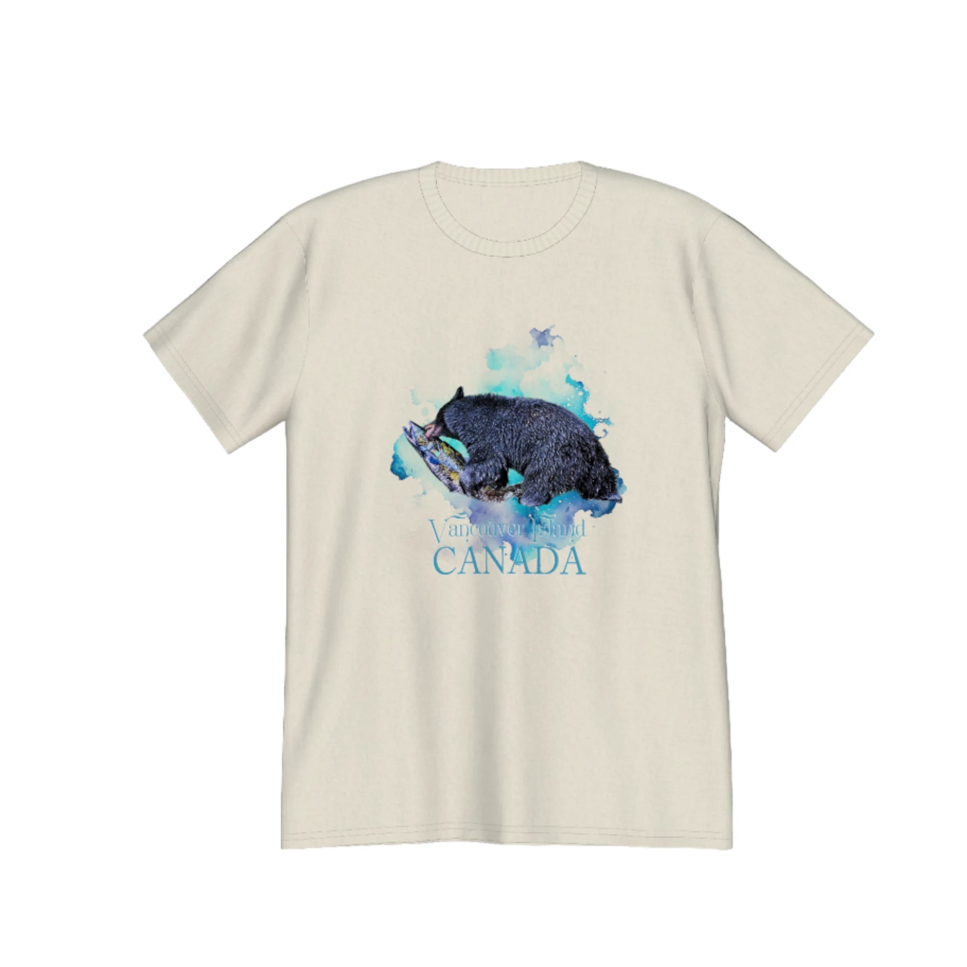 Salmon Bear Vancouver Island Canada souvenir premium unisex t-shirt.  the image on the front of the shirt is of a bear with a fresh caught salmon with a abstract of blues and green colours in the background. by van isle goddess dot com