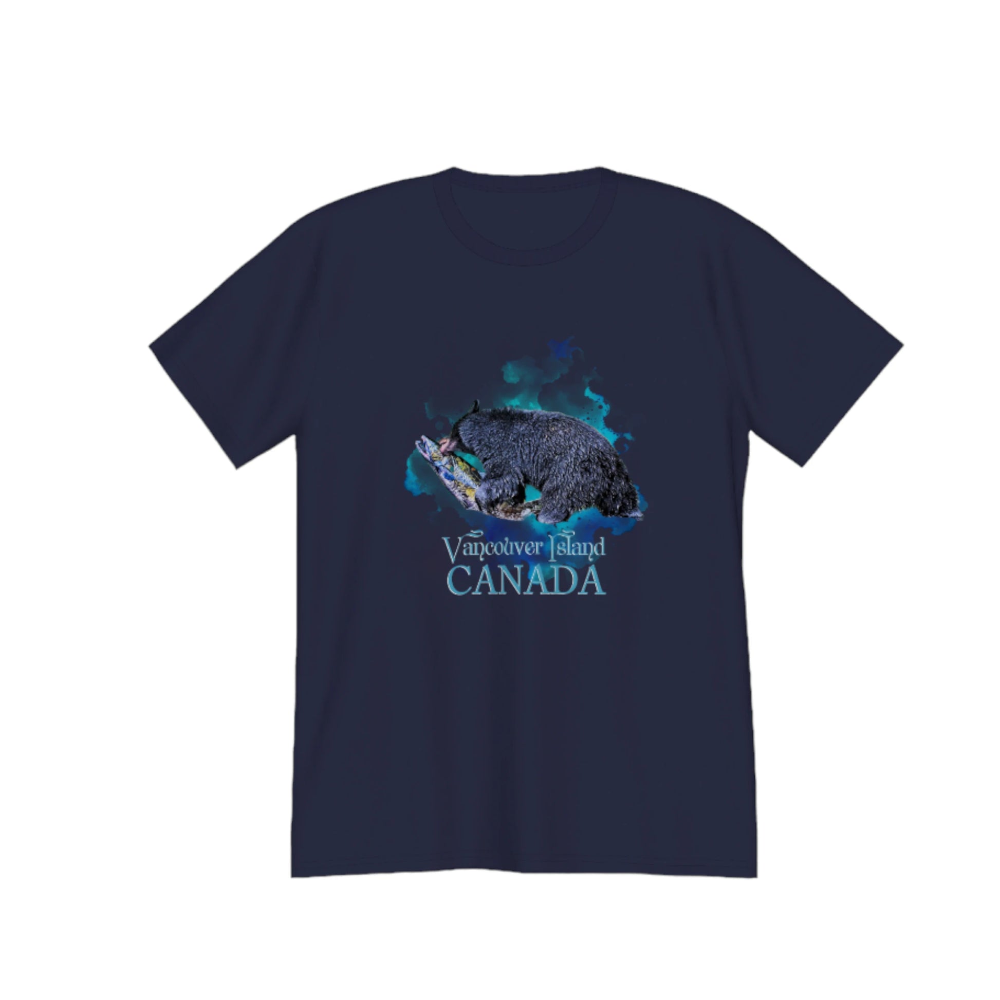 Salmon Bear Vancouver Island Canada souvenir premium unisex t-shirt.  the image on the front of the shirt is of a bear with a fresh caught salmon with a abstract of blues and green colours in the background. by van isle goddess dot com