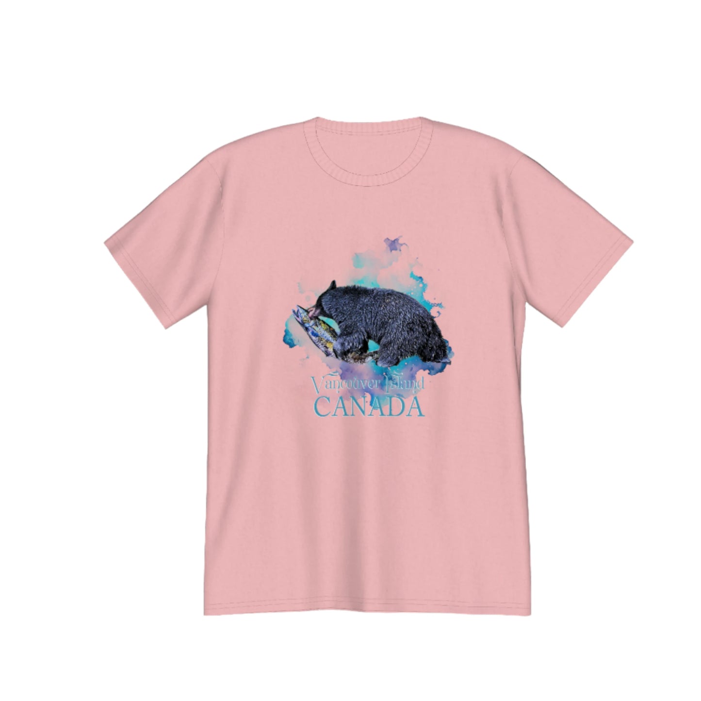 Salmon Bear Vancouver Island Canada souvenir premium unisex t-shirt.  the image on the front of the shirt is of a bear with a fresh caught salmon with a abstract of blues and green colours in the background. by van isle goddess dot com