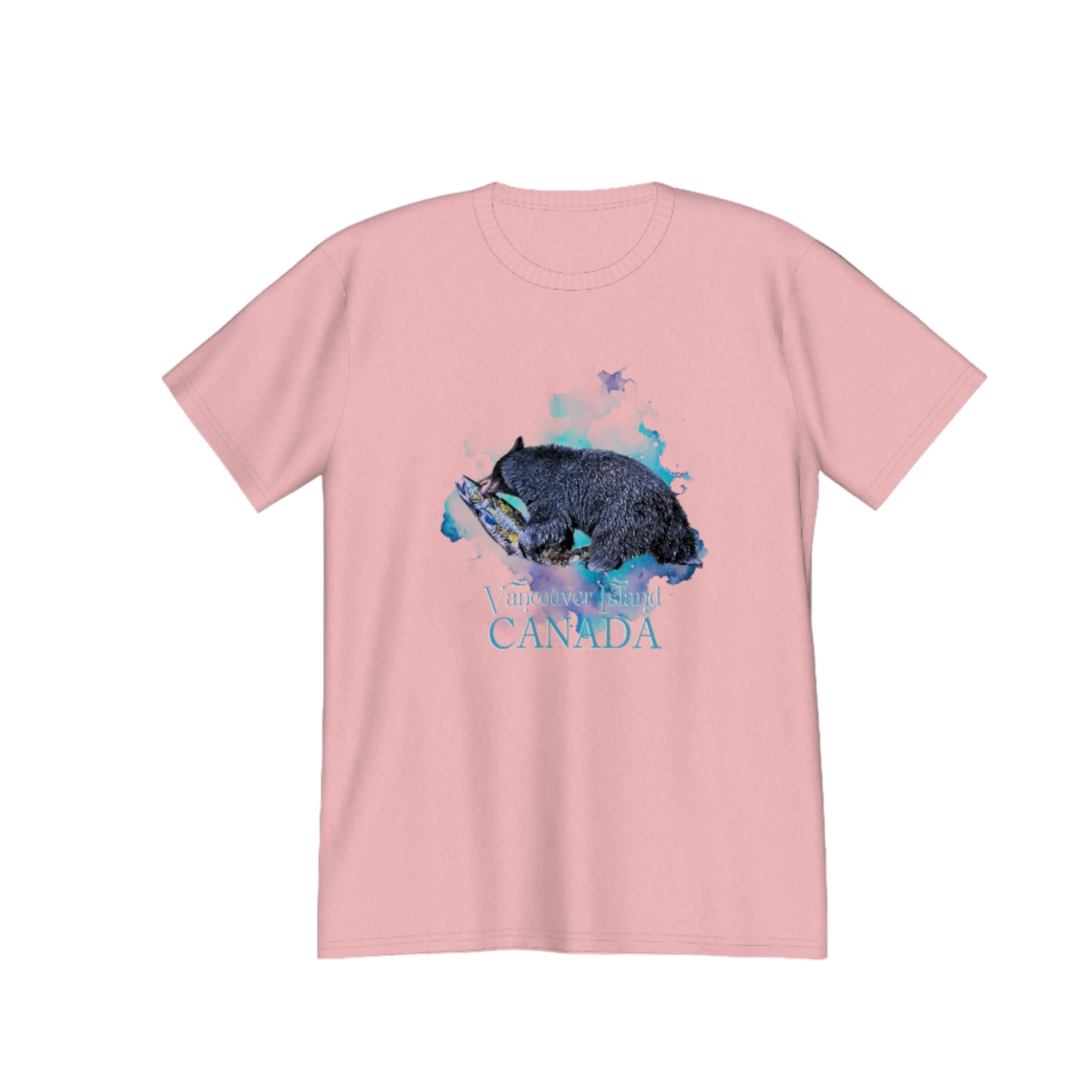 Salmon Bear Vancouver Island Canada souvenir premium unisex t-shirt.  the image on the front of the shirt is of a bear with a fresh caught salmon with a abstract of blues and green colours in the background. by van isle goddess dot com