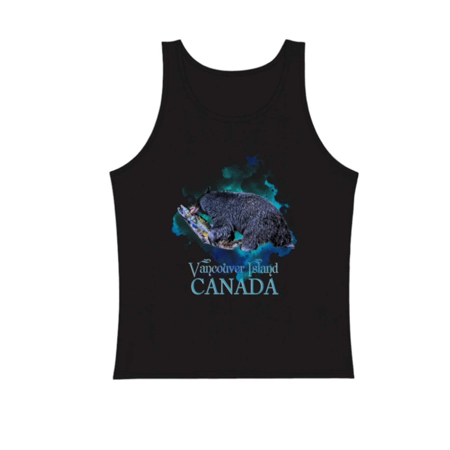 Salmon Bear Premium Unisex Tank Top in black.  The image on the front of the top is of a black bear with a fresh caught salmon in Thornton Creek, Ucluelet. by van isle goddess dot com