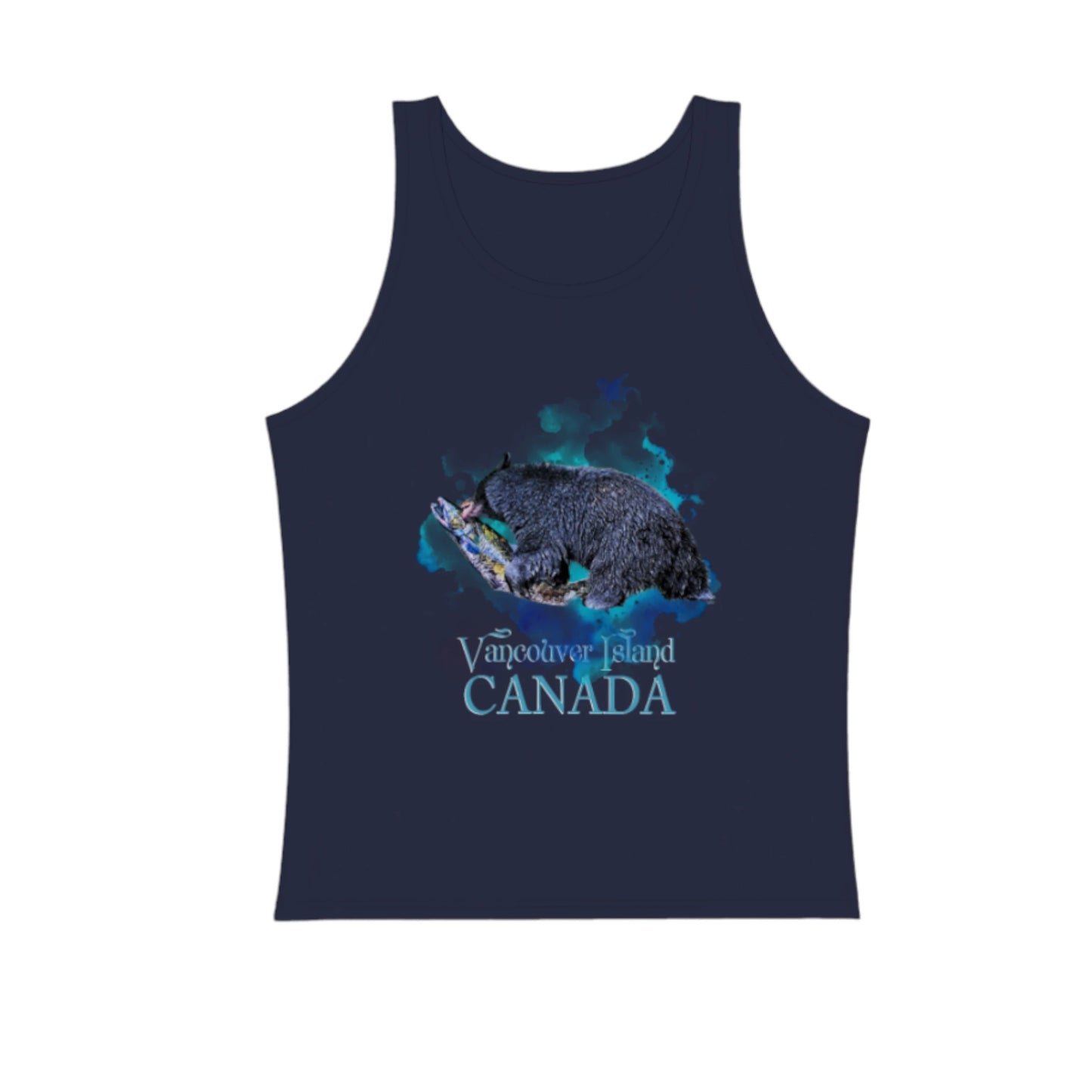 Salmon Bear Premium Unisex Tank Top in navy.  The image on the front of the top is of a black bear with a fresh caught salmon in Thornton Creek, Ucluelet. by van isle goddess dot com