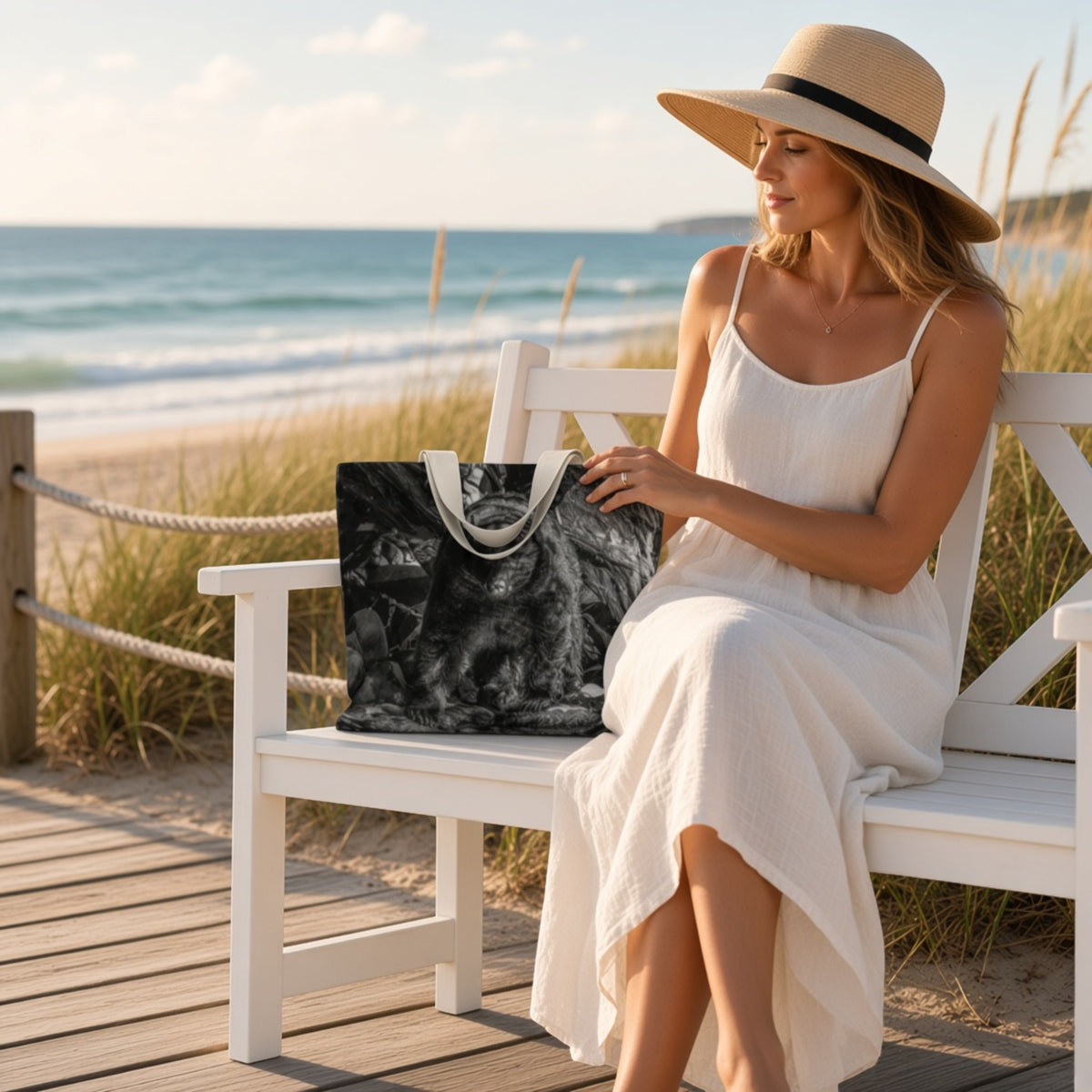 A woman in a white sundress and wide-brim straw hat sits on a white beach bench beside the ocean, holding a large black-and-white patterned tote bag.