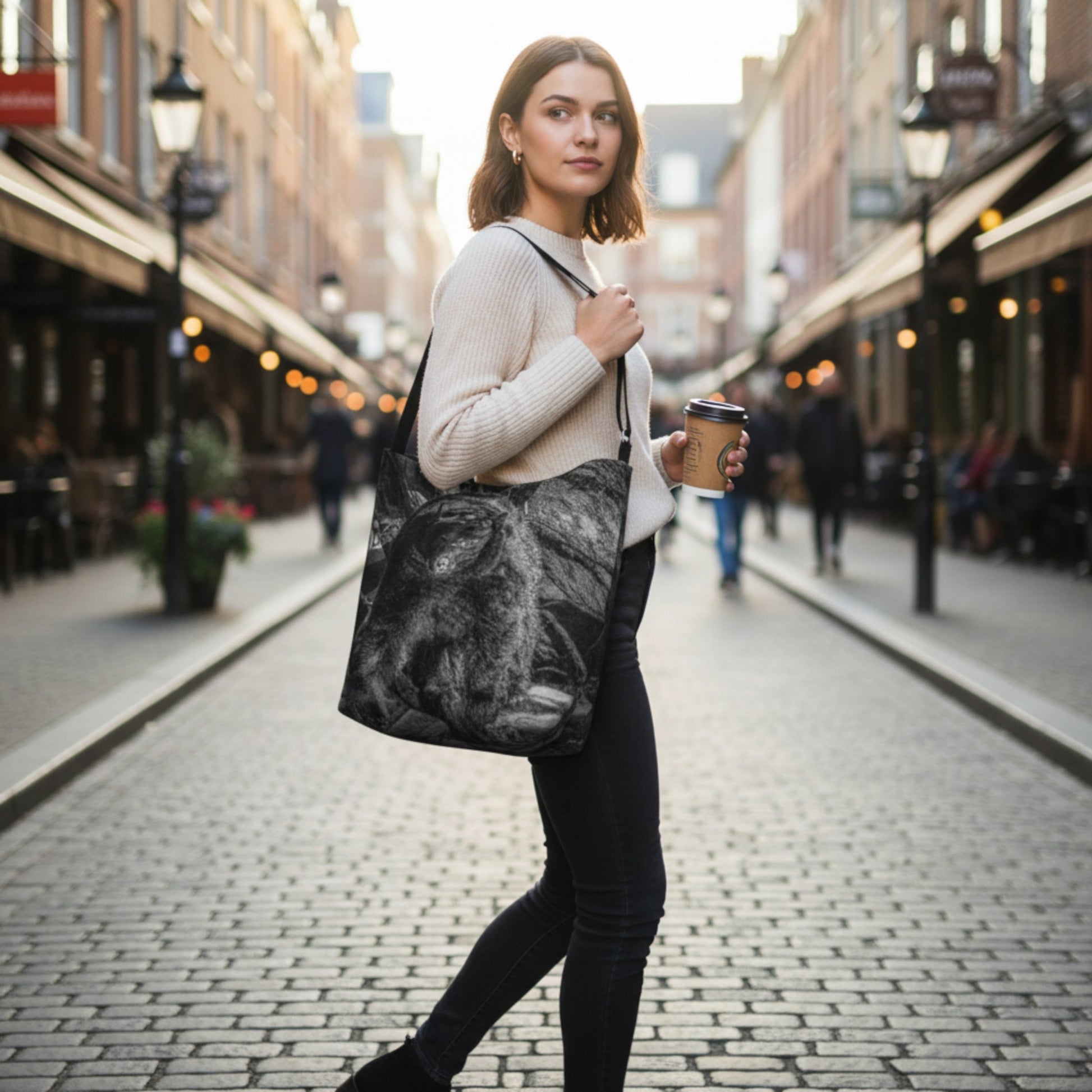 Woman walking down a street holding a coffee cup and a patterned bag
