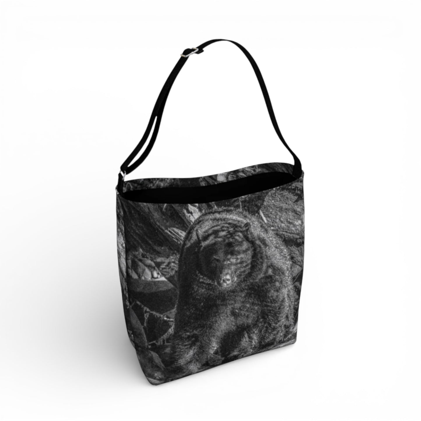 Tote bag with black and white design on a white background