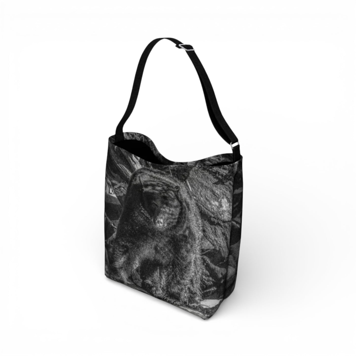 Black and white patterned tote bag on a white background