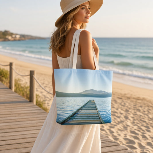 A woman in a white dress and wide-brim hat stands on a beach boardwalk by the ocean, carrying a large tote bag printed with a scenic dock over calm blue water under a pale sky.