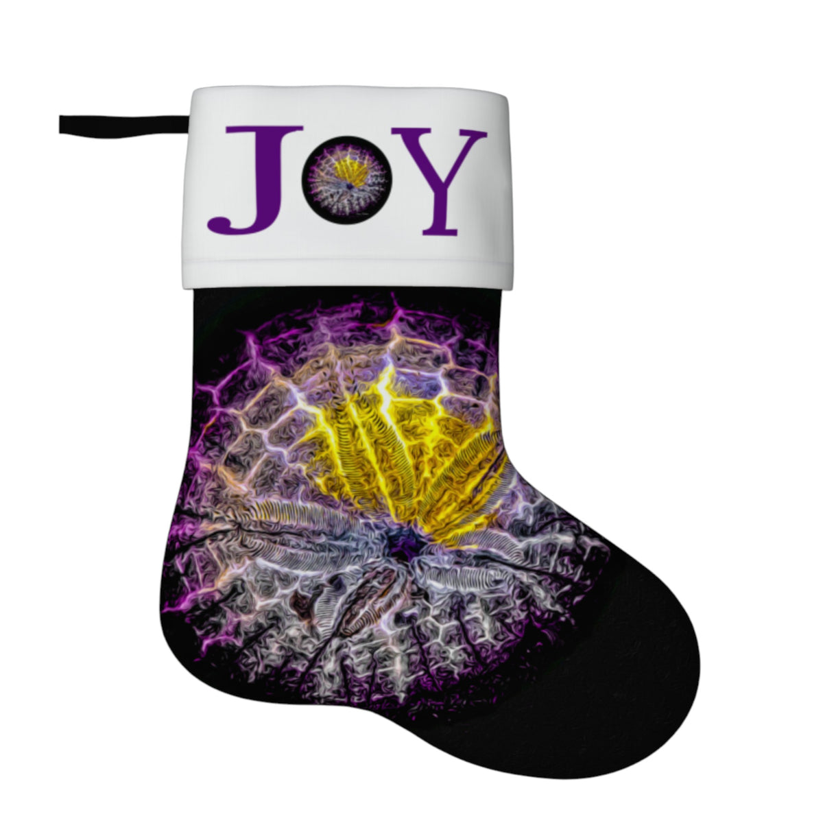 A Christmas stocking with a white cuff featuring the word 'JOY' in purple, where the letter O is replaced by a circular floral design. The body of the stocking is black and decorated with a vibrant purple and yellow cracked-glass or spiderweb-like graphic.