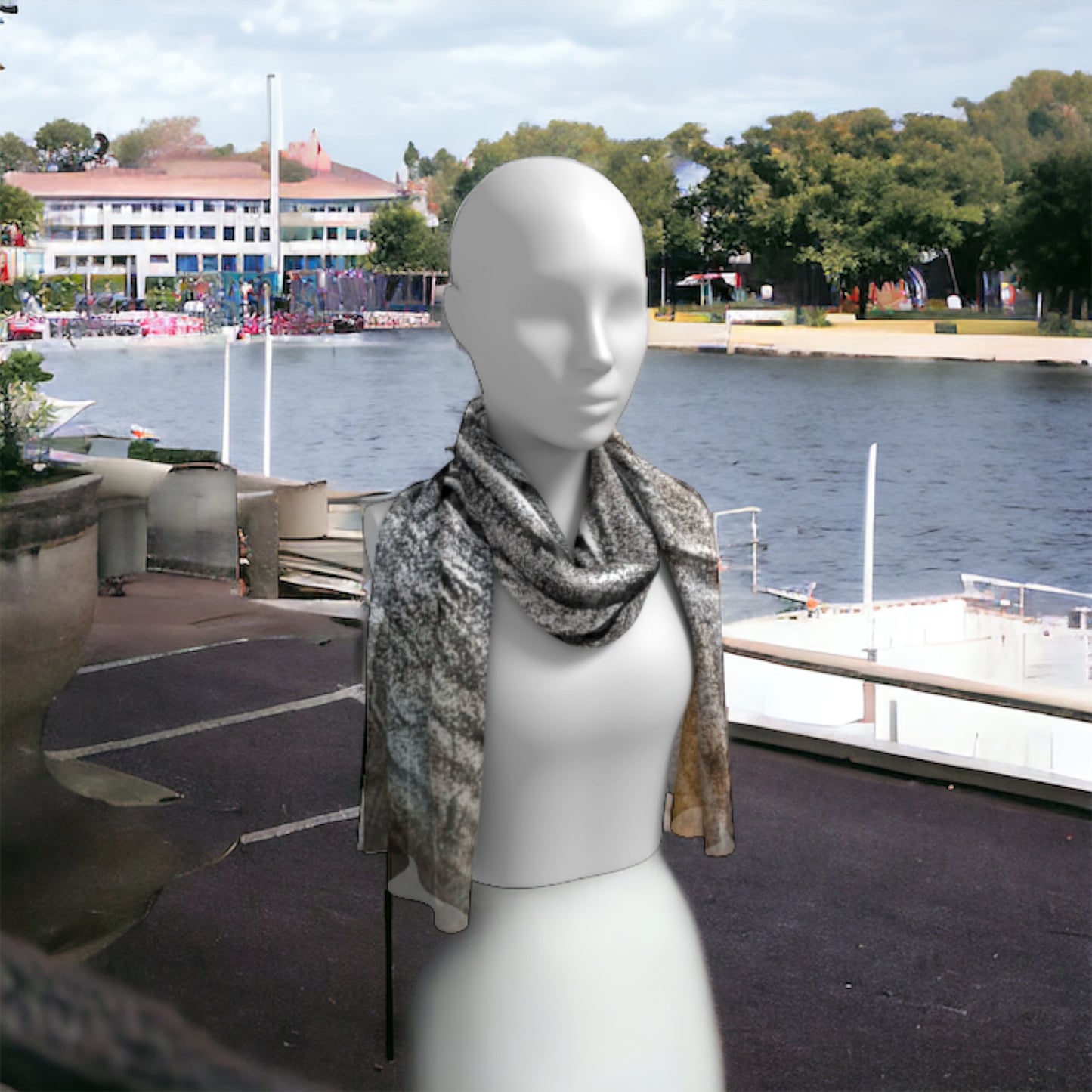 Sand maiden long scarf shown worn around the neck