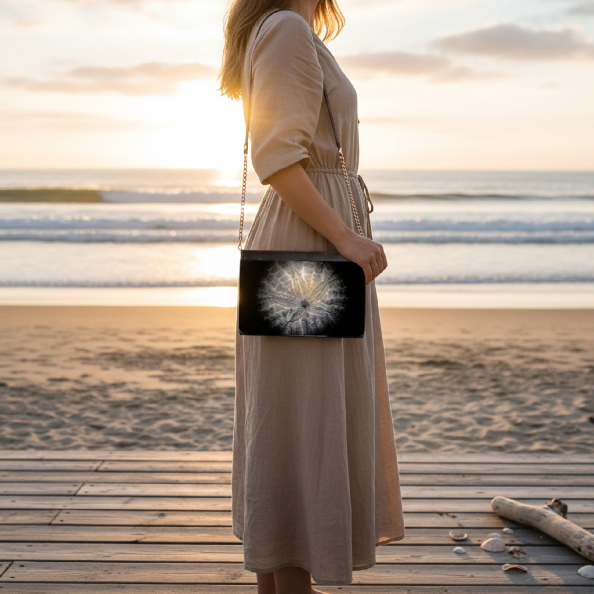 Woman holding a black handbag with a Sand Dollar design on a beach at sunset