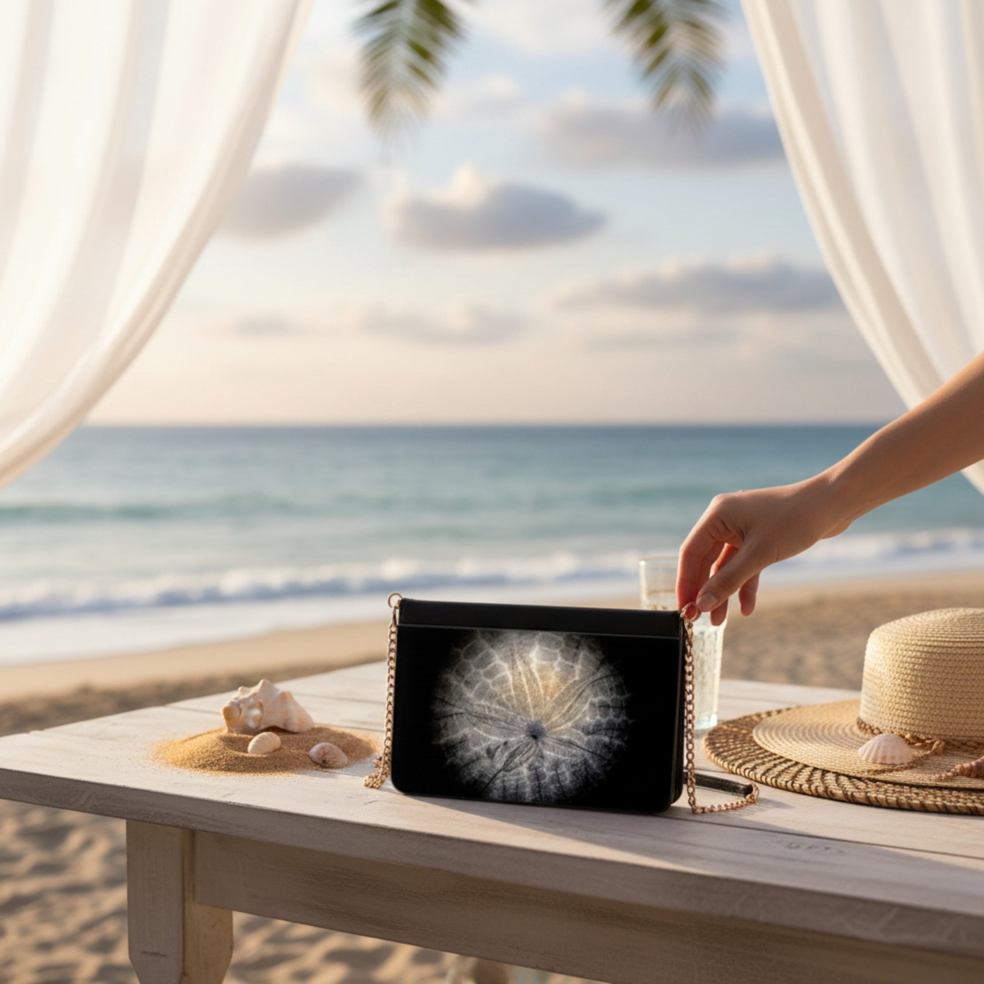 Hand holding a black clutch with a Sand Dollar design on a table by the beach.