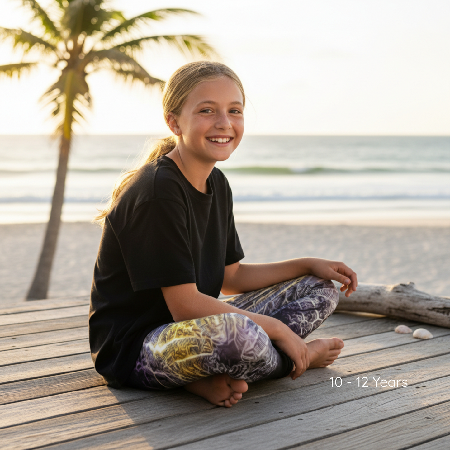 Young girl sitting on a wooden deck by the beach with palm trees in the background.