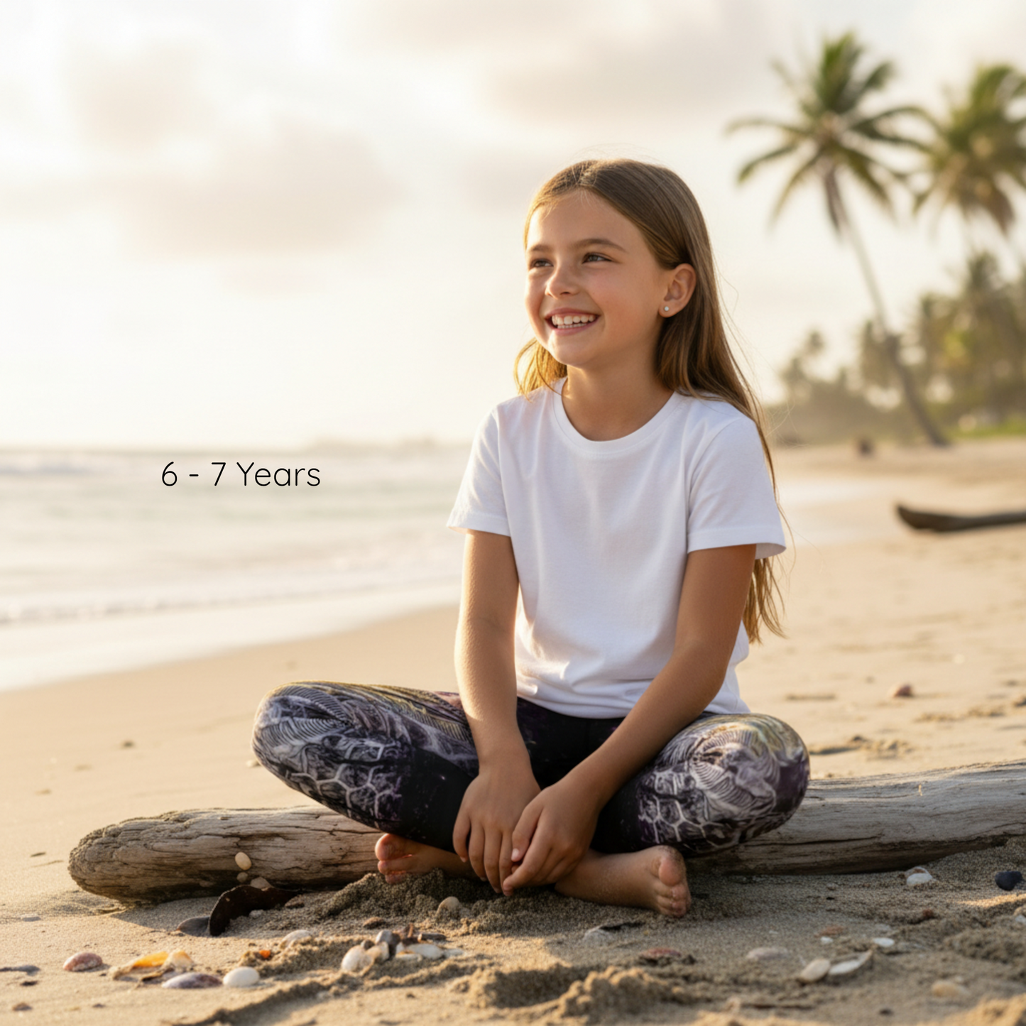 Young girl sitting on a beach with palm trees in the background
