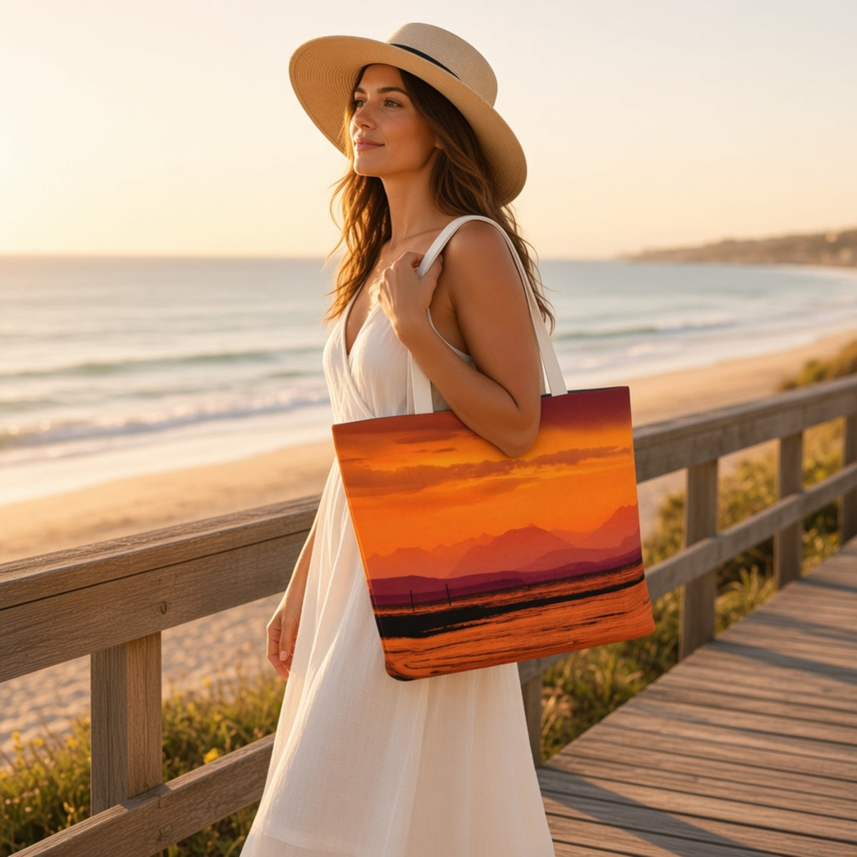A woman in a white dress and wide-brim straw hat stands on a beach boardwalk at sunset, carrying a large tote bag printed with a vivid orange, red, and purple landscape scene.