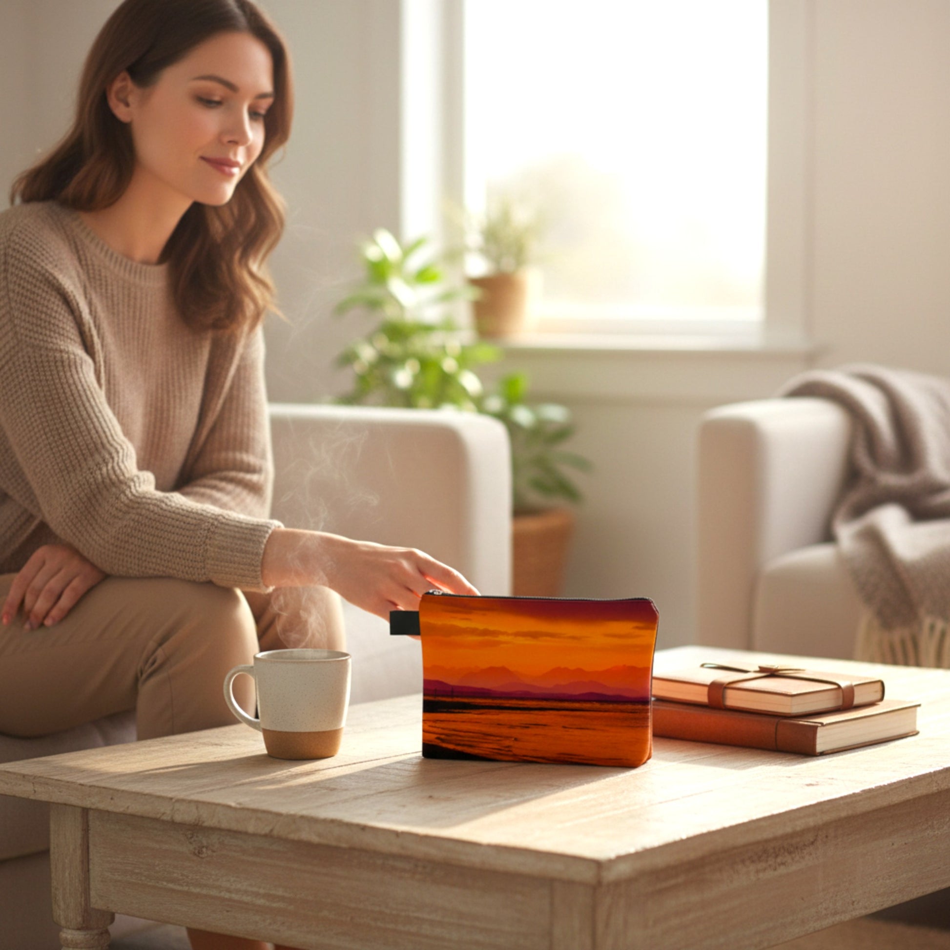 Woman sitting on a couch in a living room, holding a small container with a colorful design.