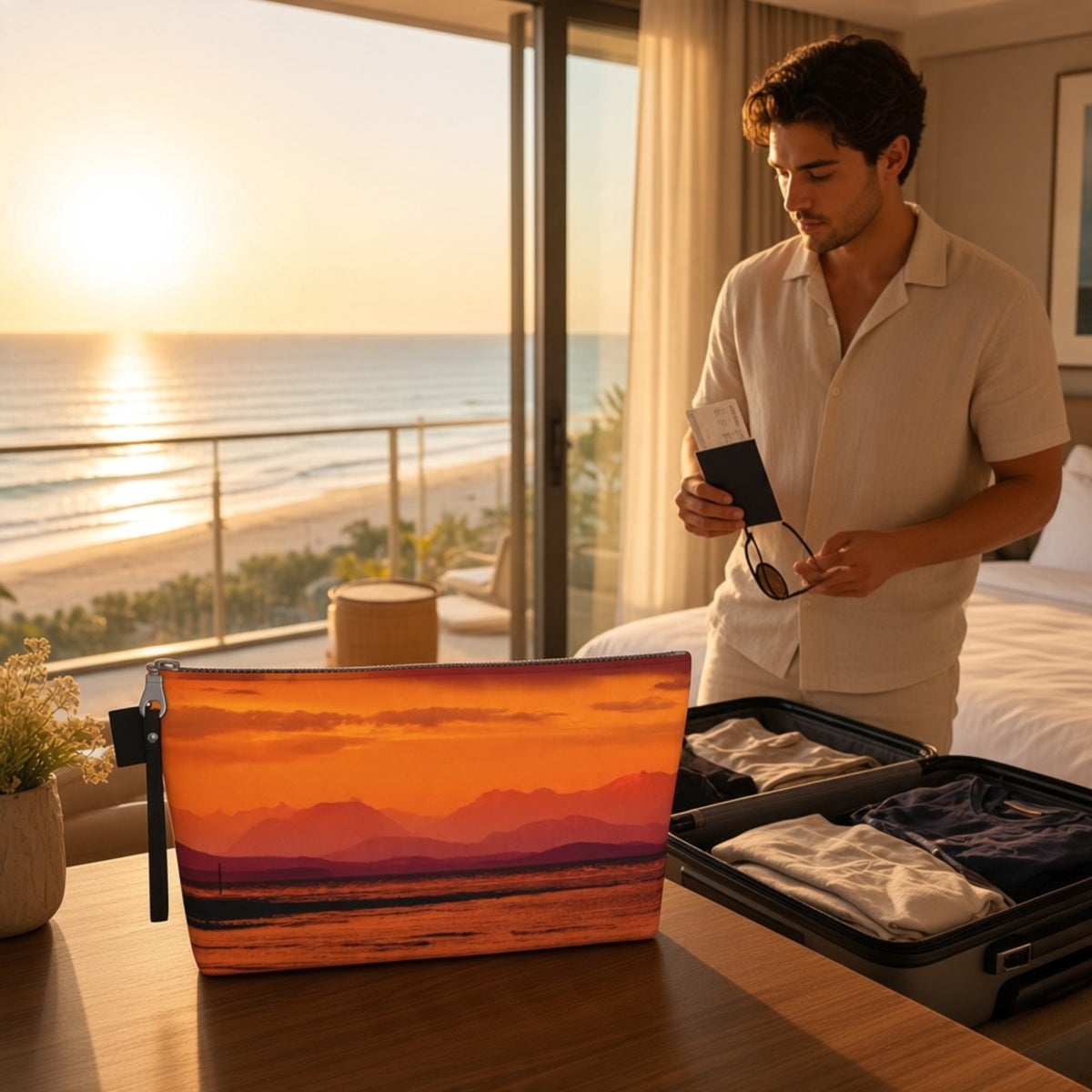 A man in a white shirt stands by an open suitcase in a hotel room, holding sunglasses while a matching travel pouch with a sunset mountain landscape print sits on the table in the foreground.