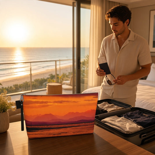 A man in a white shirt stands by an open suitcase in a hotel room, holding sunglasses while a matching travel pouch with a sunset mountain landscape print sits on the table in the foreground.