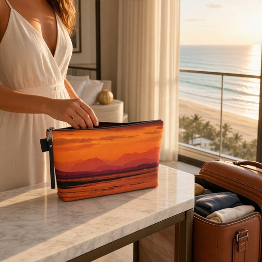 A woman in a white dress packs a zippered pouch with a vibrant orange and red sunset mountain landscape print onto a marble table in a modern room with a beach view.