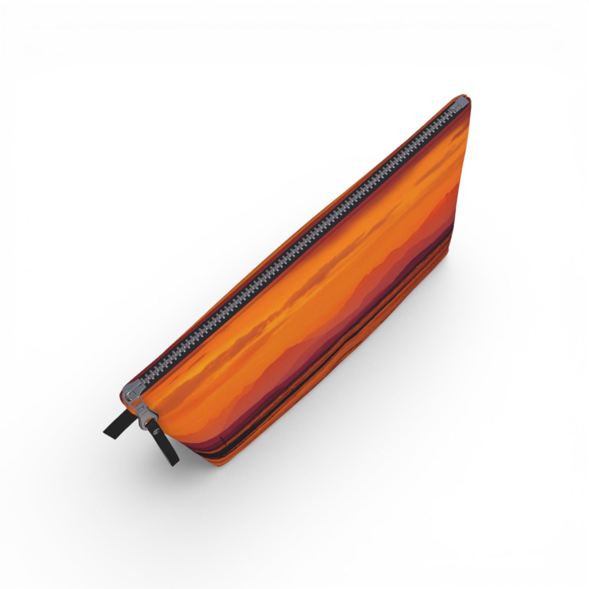 Orange and red sunset pouch with a zipper on a white background
