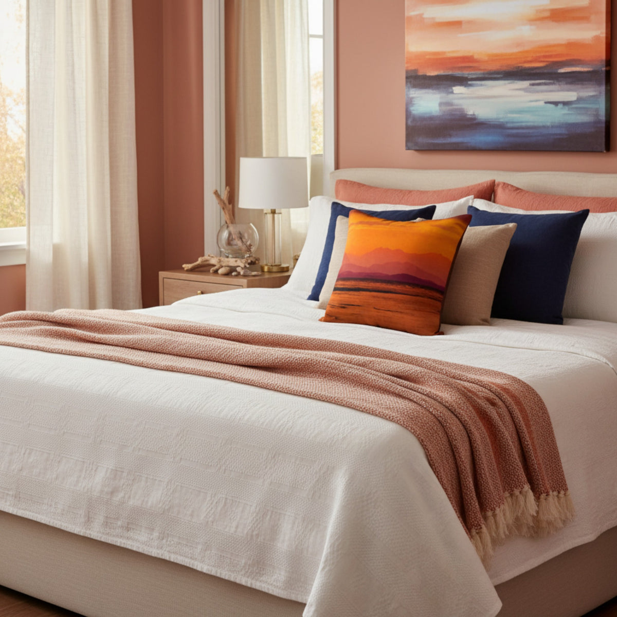 A styled bedroom scene featuring a bed dressed in white bedding with a peach throw blanket and a colorful accent pillow. The room has warm peach walls, cream curtains, a bedside table with a lamp, and a framed abstract painting above the headboard.
