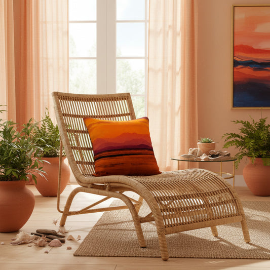 A woven rattan chaise lounge chair in a warm, sunlit room, styled with a square throw pillow featuring an orange and red sunset landscape design.