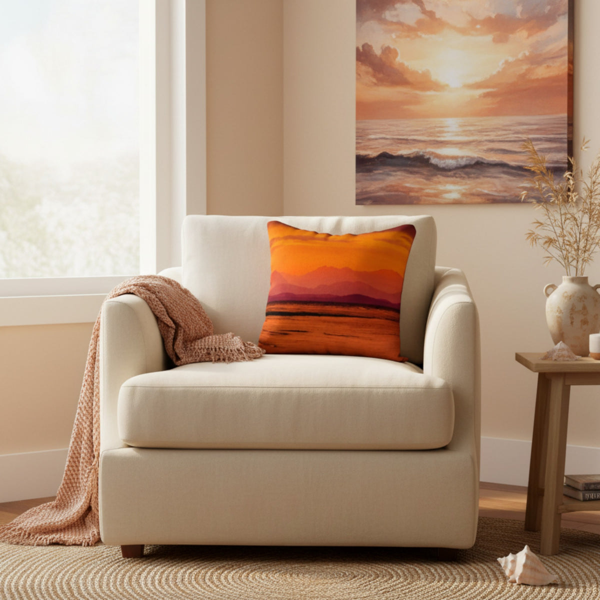 A cream upholstered armchair in a bright living room, styled with a square throw pillow featuring an orange and red sunset landscape print, a draped beige throw blanket, and a small wooden side table nearby.