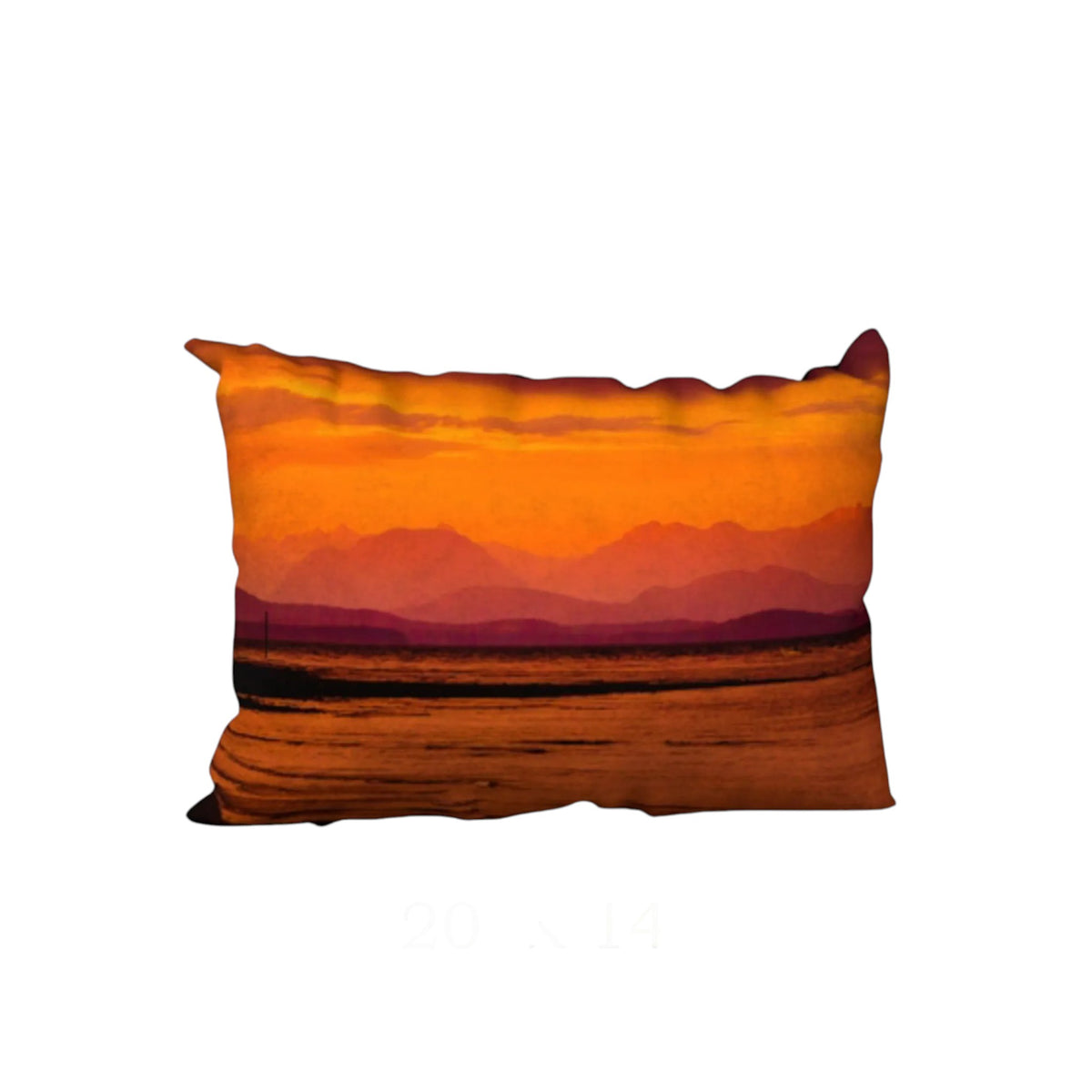 A rectangular throw pillow featuring a printed sunset landscape design with orange and yellow sky, layered mountains, and a dark brown foreground, shown against a plain white background.
