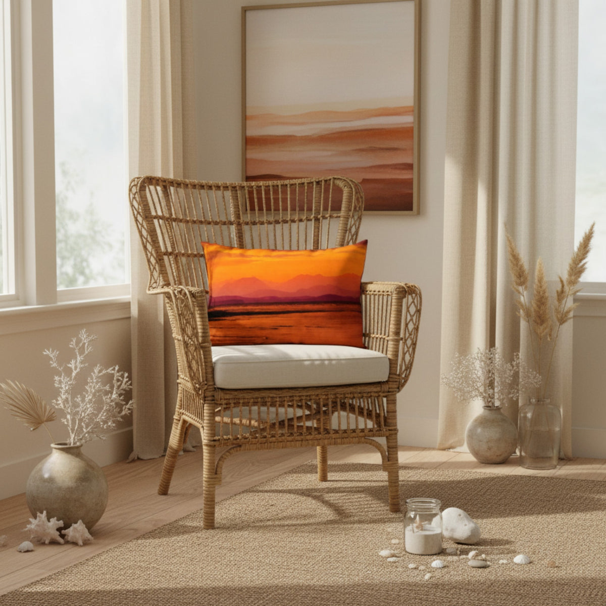 A woven rattan accent chair with a white cushion and a vibrant orange and red landscape throw pillow, set in a bright, neutral-toned room with a beige rug, dried grasses, and a framed abstract print on the wall.