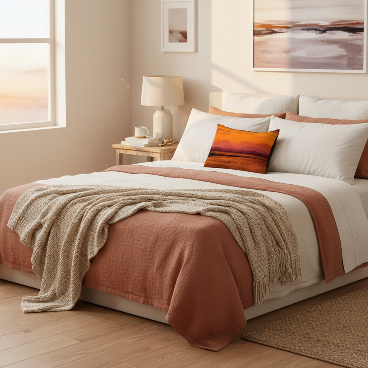 A neatly made bed in a softly lit bedroom, dressed in white bedding with a rust-colored duvet cover, a beige knit throw blanket draped over the corner, and a small accent pillow featuring an orange and purple sunset gradient.