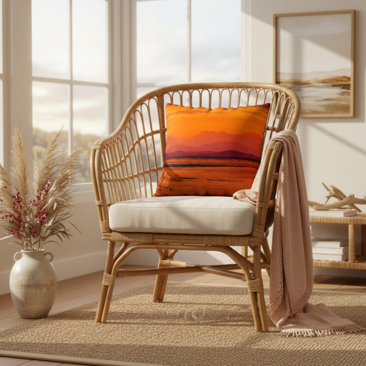 A natural rattan armchair with a cream cushion in a bright room, styled with an orange and red sunset landscape throw pillow and a draped blush pink throw blanket.