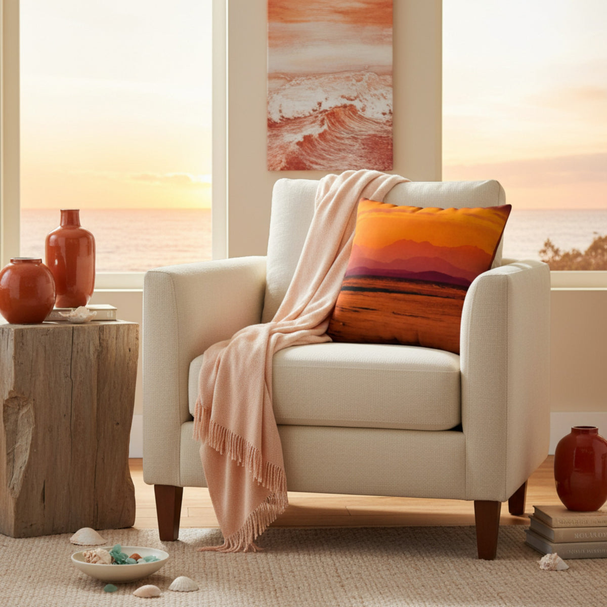 A cream upholstered armchair in a bright coastal living room, styled with a peach throw blanket and a square pillow featuring a sunset landscape. A rustic wood side table with terracotta vases sits beside the chair, and a window shows the ocean at sunset.