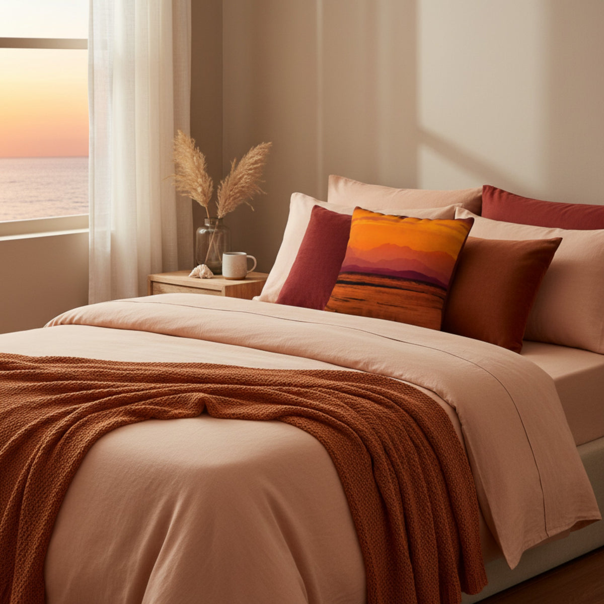 A neatly made bed in a softly lit bedroom, styled with blush pink bedding, rust-colored pillows, and a textured brown throw blanket. A window with sheer curtains shows a sunset over the ocean, and a small bedside table holds a vase with dried grass and a mug.