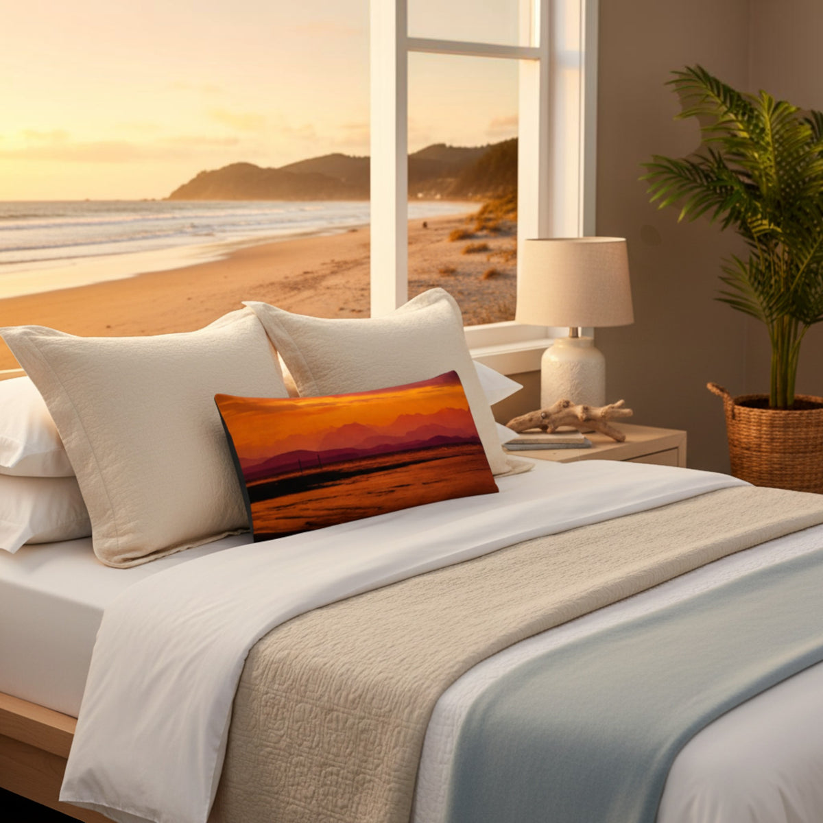 A rectangular lumbar pillow with a colorful sunset beach and mountain landscape print, styled on a bed with white and beige linens in a bedroom setting with a window showing a beach sunset.