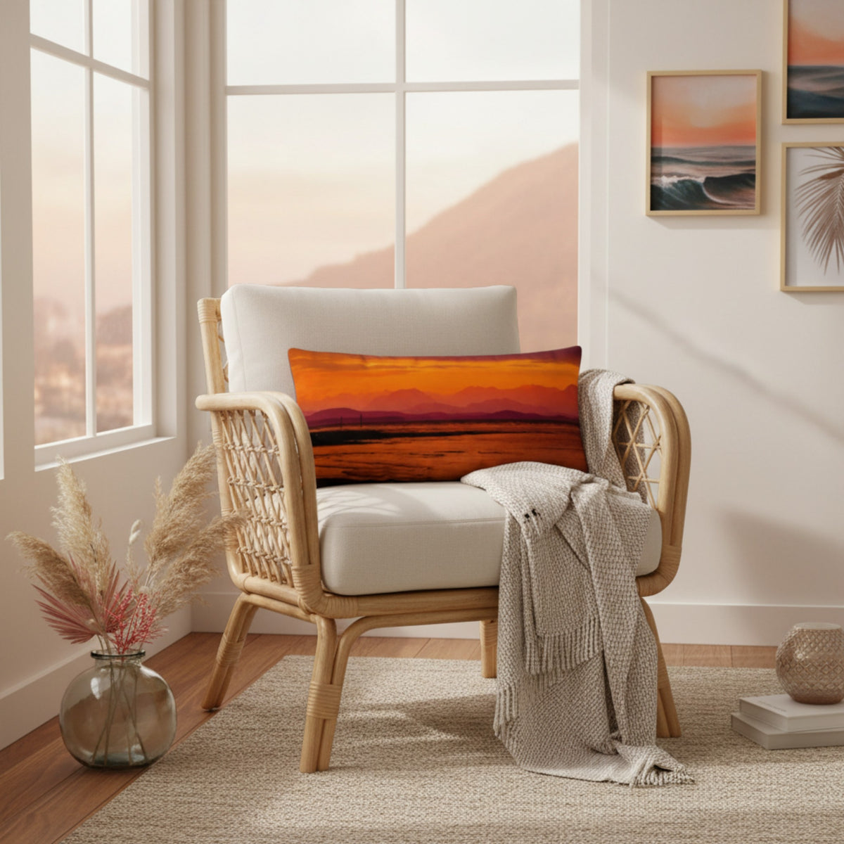 A woven rattan armchair with cream cushions sits in a bright room, styled with a rectangular orange and red sunset pillow and a draped knit throw blanket. A glass vase with pampas grass and framed wall art are visible nearby.