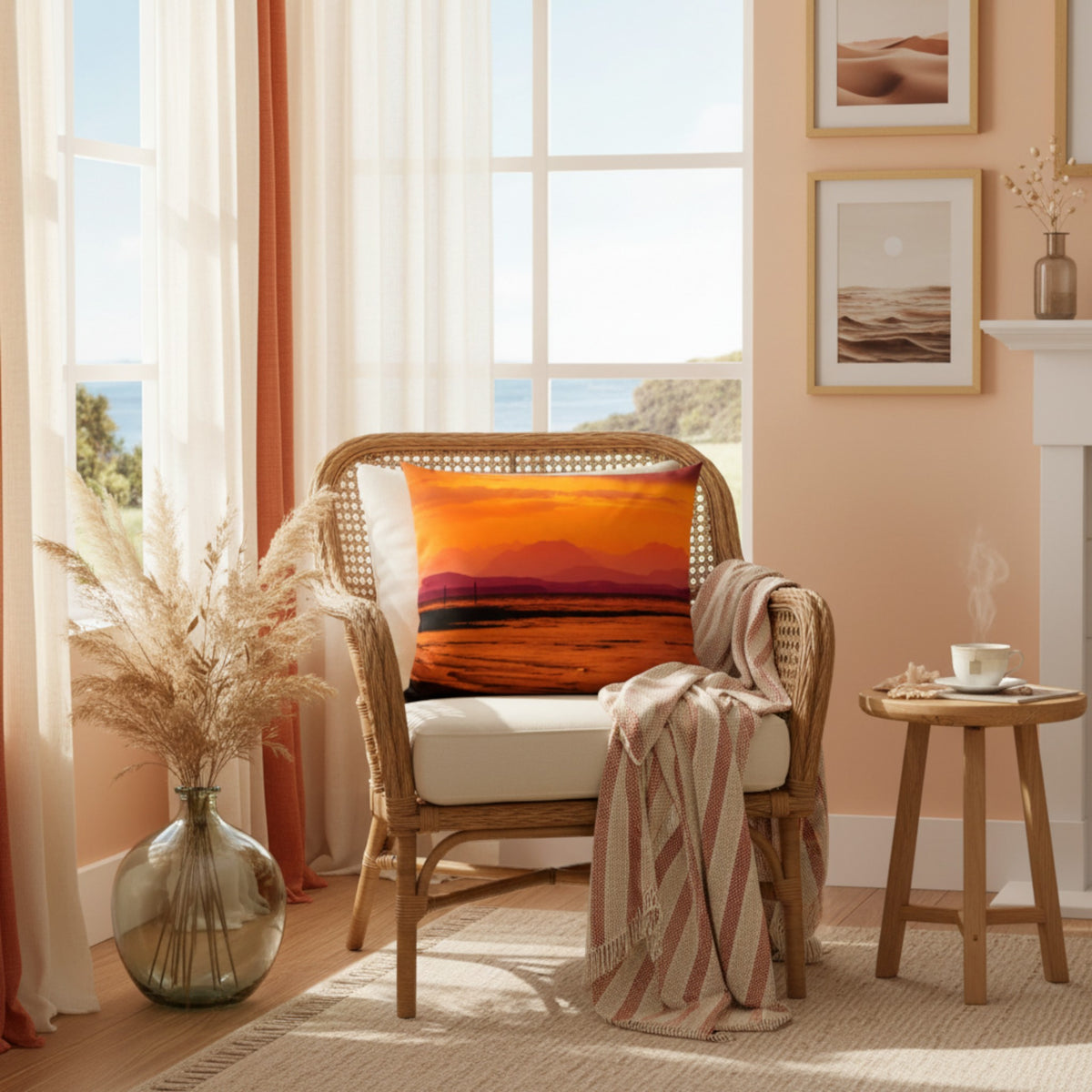 A wicker armchair in a sunlit room with a colorful rectangular pillow featuring an orange and red sunset landscape, a draped throw blanket, and a small side table nearby.