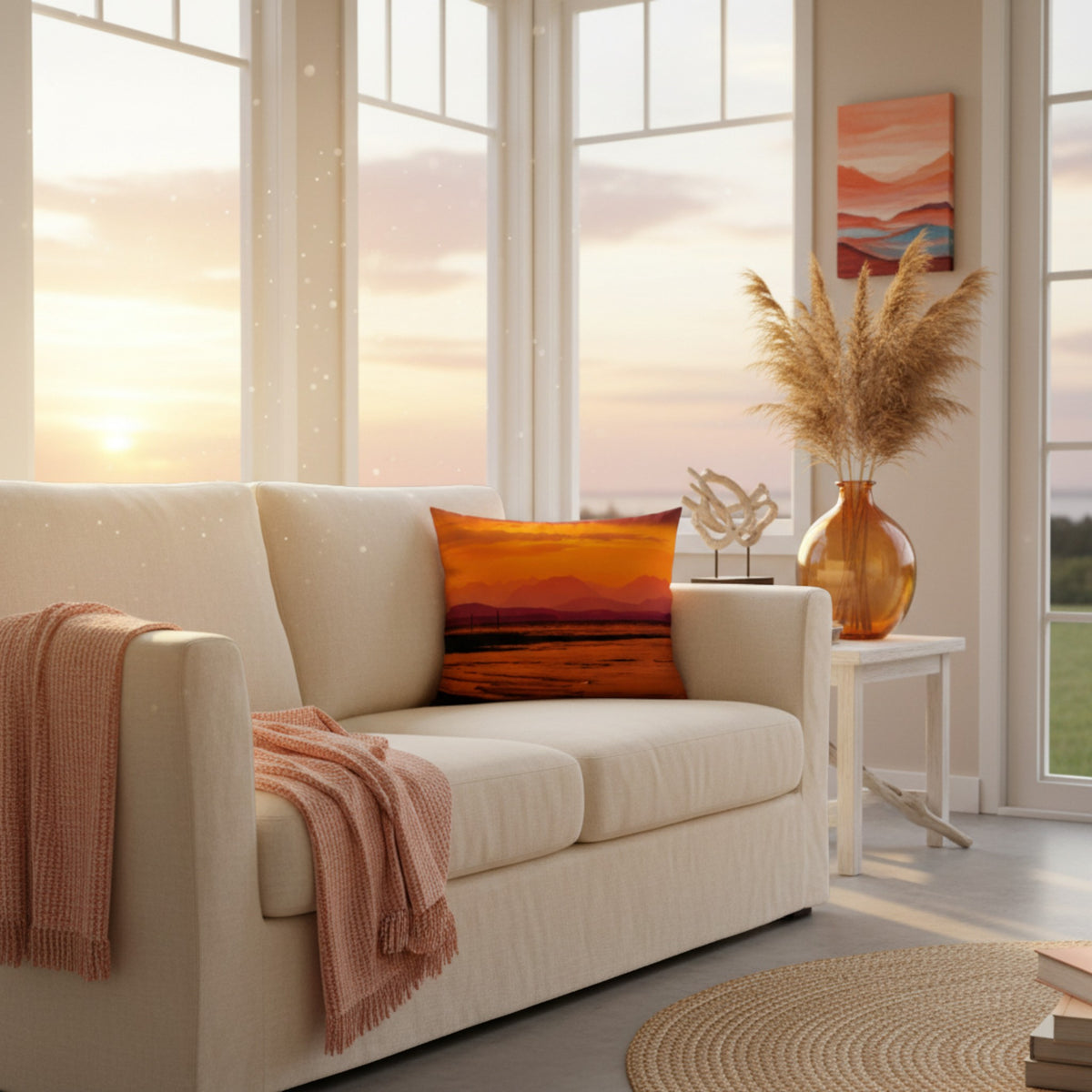 A cream-colored fabric sofa in a bright living room setting, styled with a terracotta and orange landscape throw pillow, a pink knit throw blanket, and a decorative vase with pampas grass on a side table.