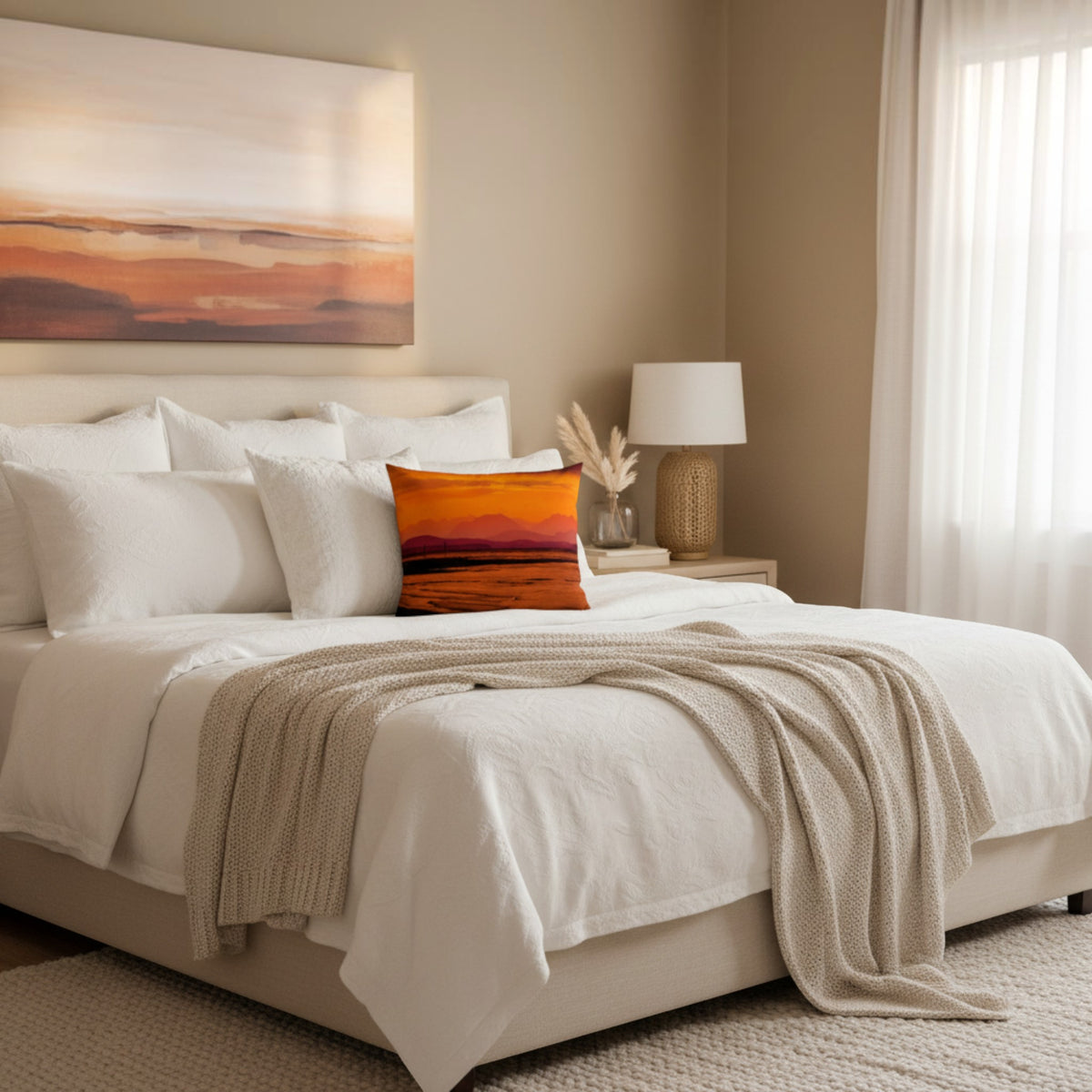 A styled bedroom scene with a neatly made bed dressed in white linens and a beige knit throw, featuring a square orange-and-brown abstract pillow. A matching abstract wall art piece hangs above the bed, with a bedside lamp, nightstand, sheer curtains, and a textured rug in a warm neutral room.