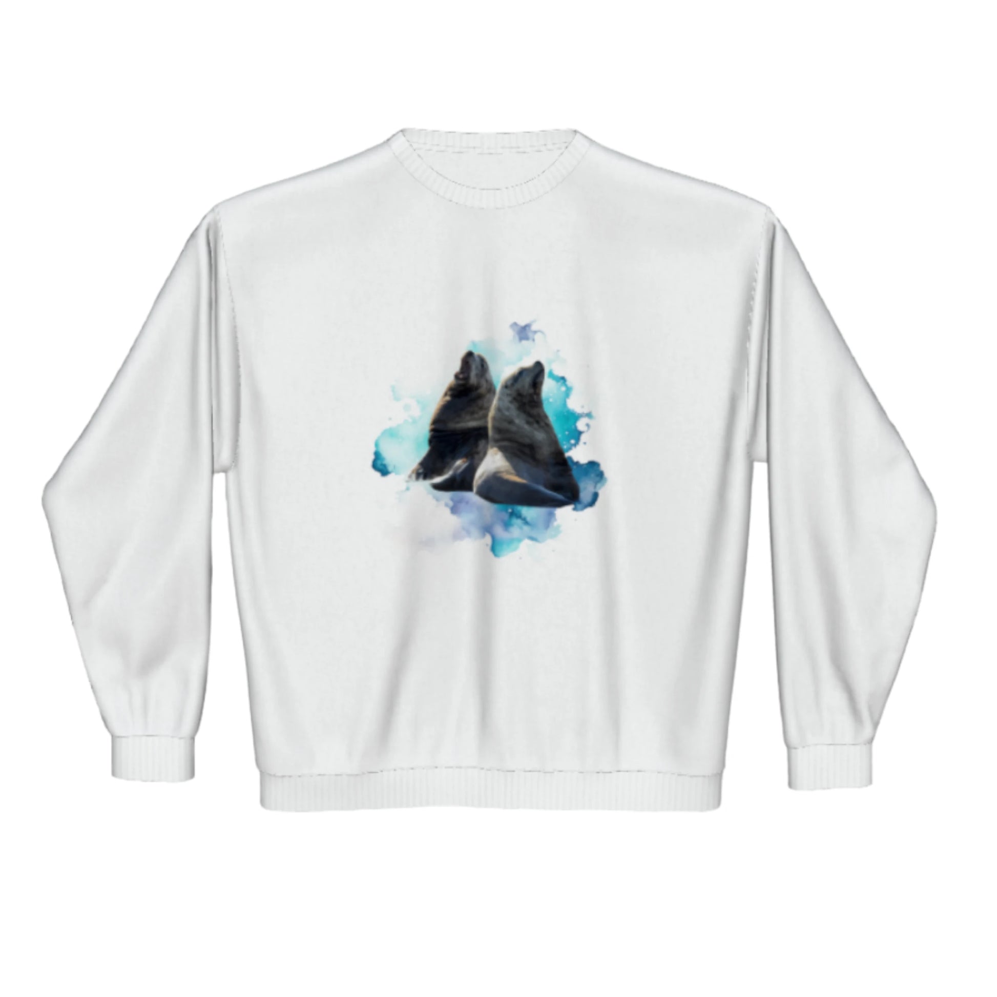 Sea Lions Premium Crewneck Sweatshirt. The image is of two sea lions with a colourful blue abstract background.