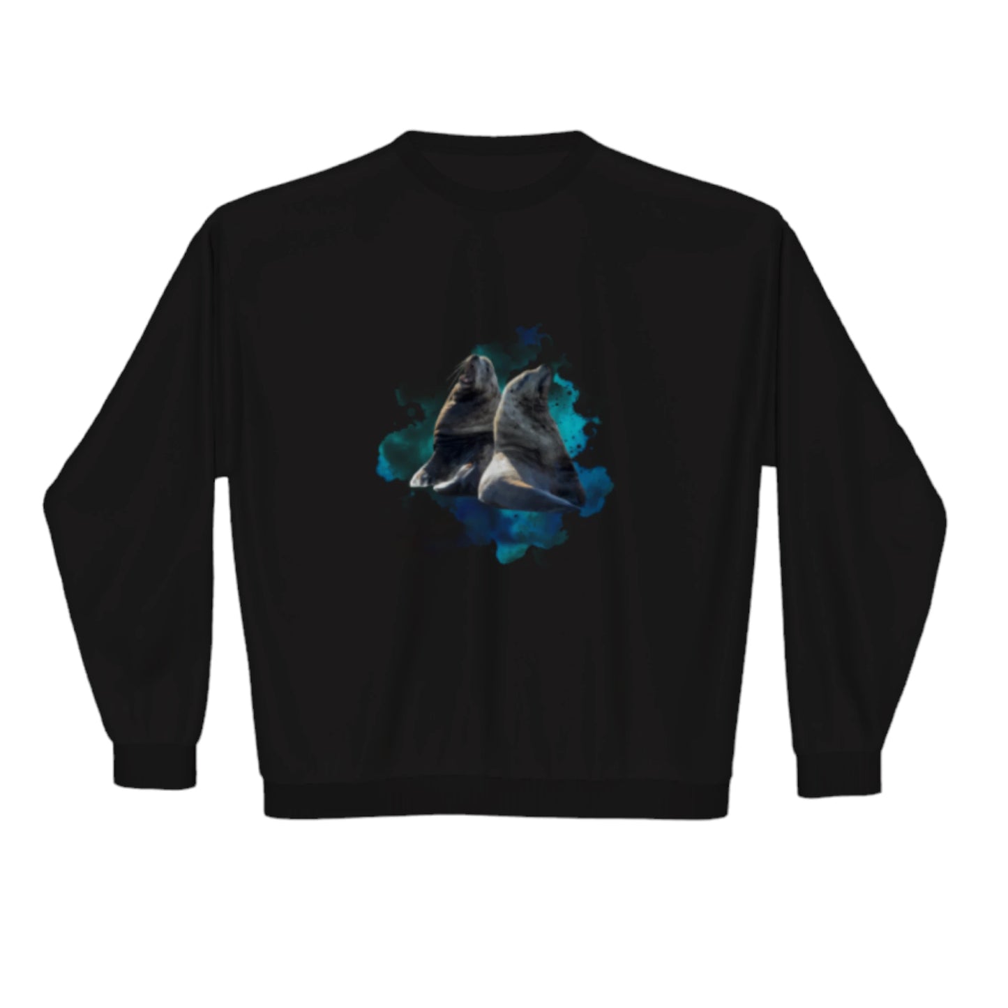Sea Lions Premium Crewneck Sweatshirt. The image is of two sea lions with a colourful blue abstract background.